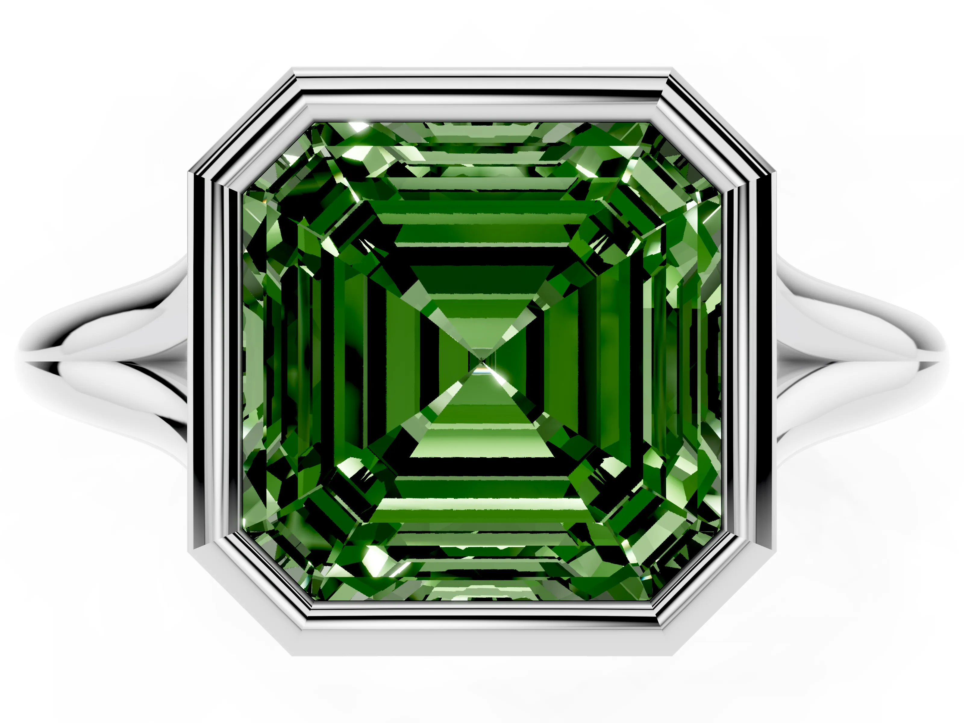 Fancy Green Bezel Set Asscher Cut Diamond Solitaire Ring Set in White gold with Tapered Band