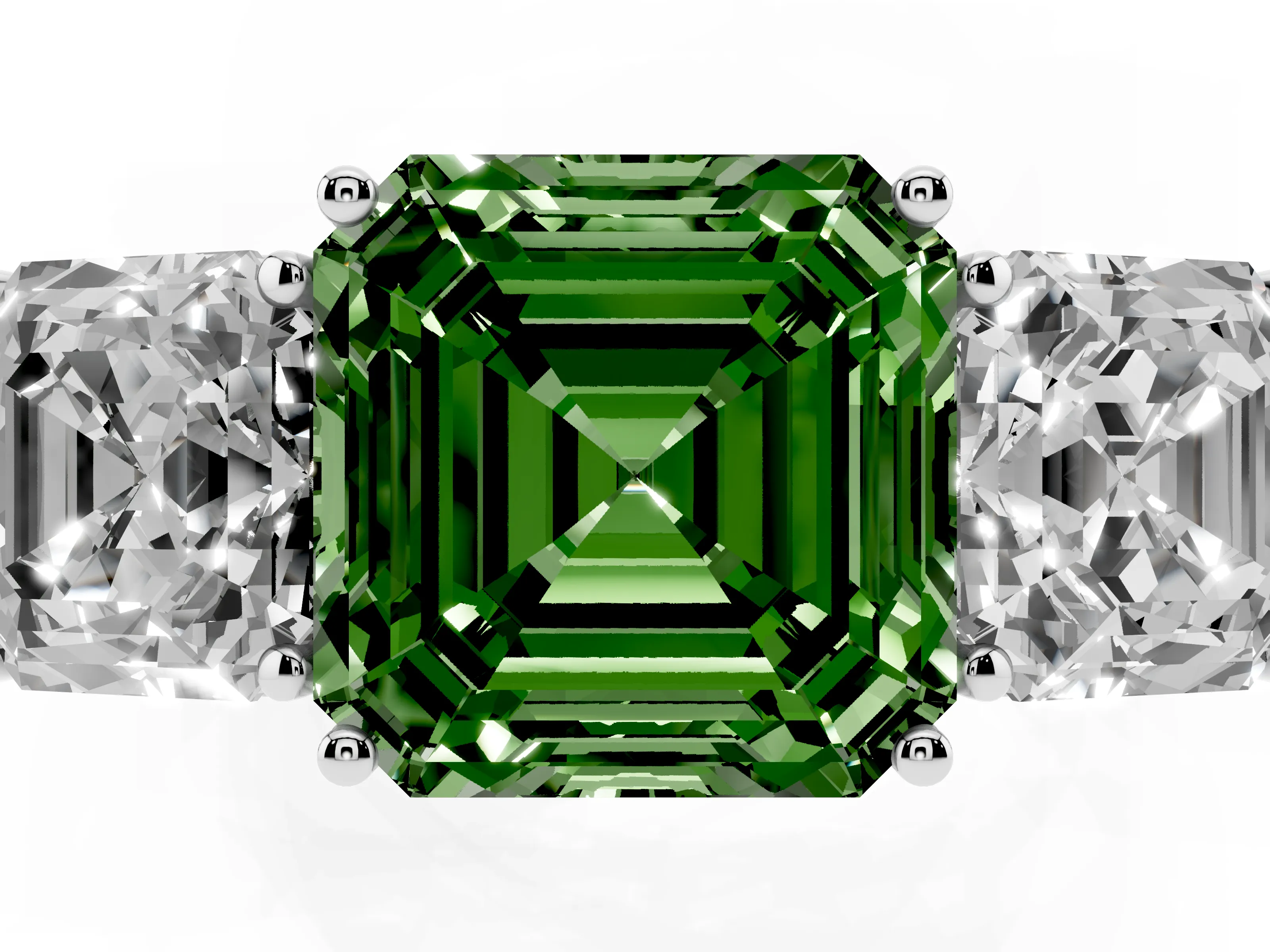 Fancy Green Asscher Cut Diamond Three-Stone Ring Set in White gold with Textured Band