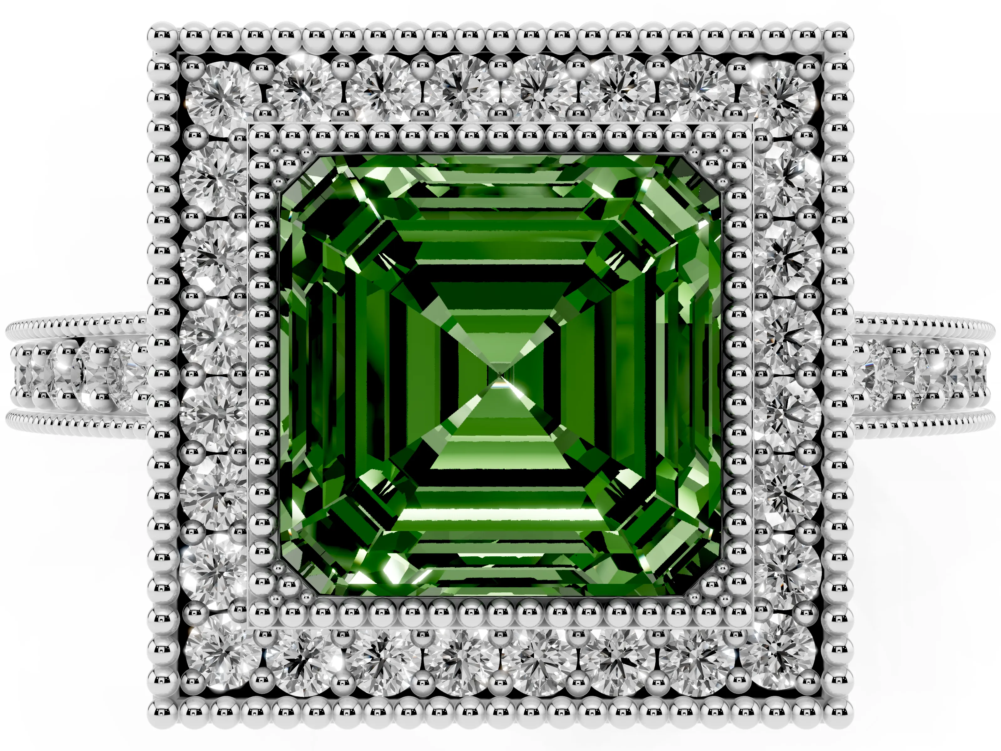 Fancy Green Asscher Cut Diamond Halo Engagement Ring Set in White gold with Pavé Band and Round Halo Stones