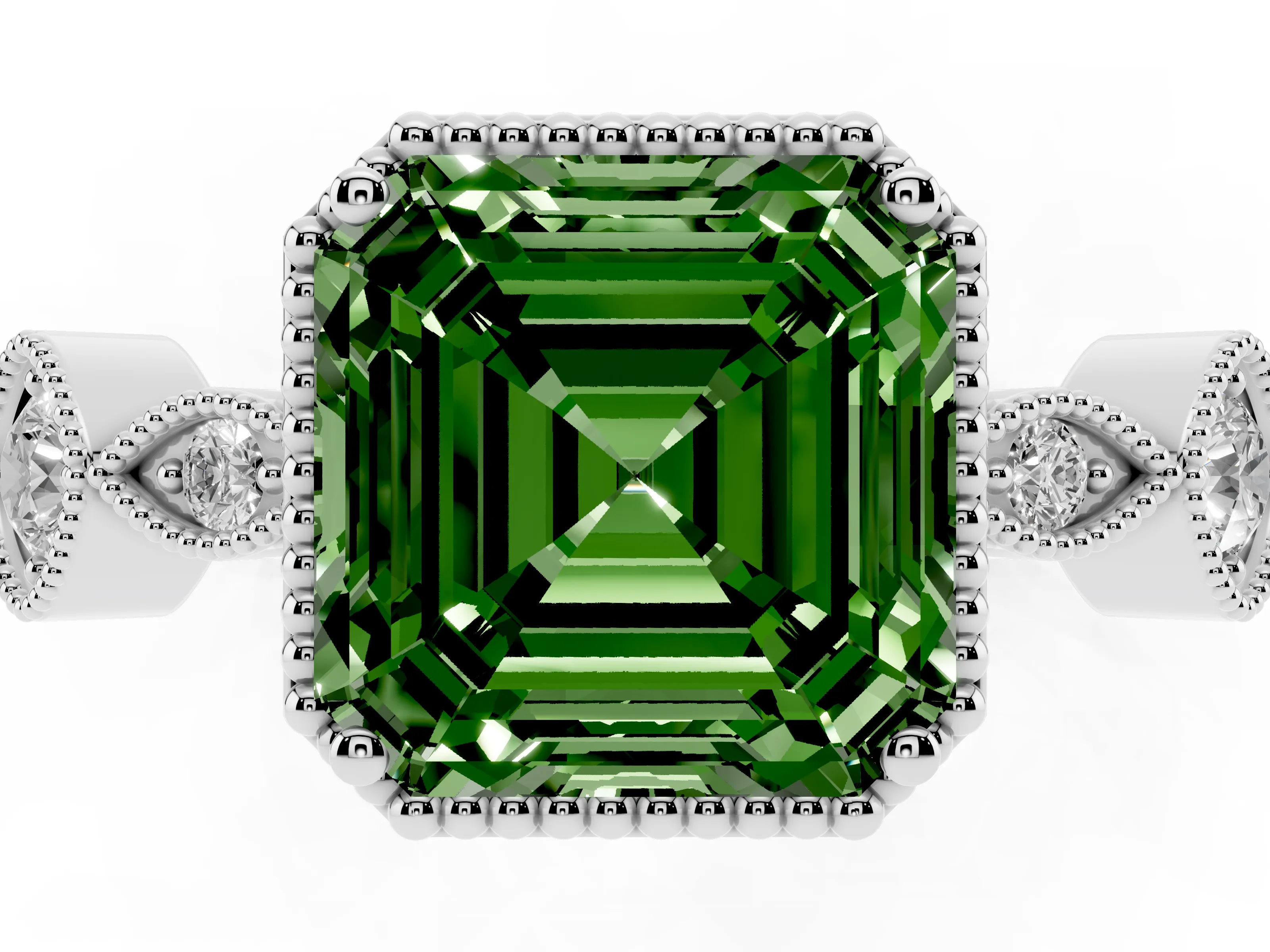 Fancy Green Asscher Cut Diamond Vintage-Inspired Milgrain Ring Set in White gold with Marquise Stations of Round Accents