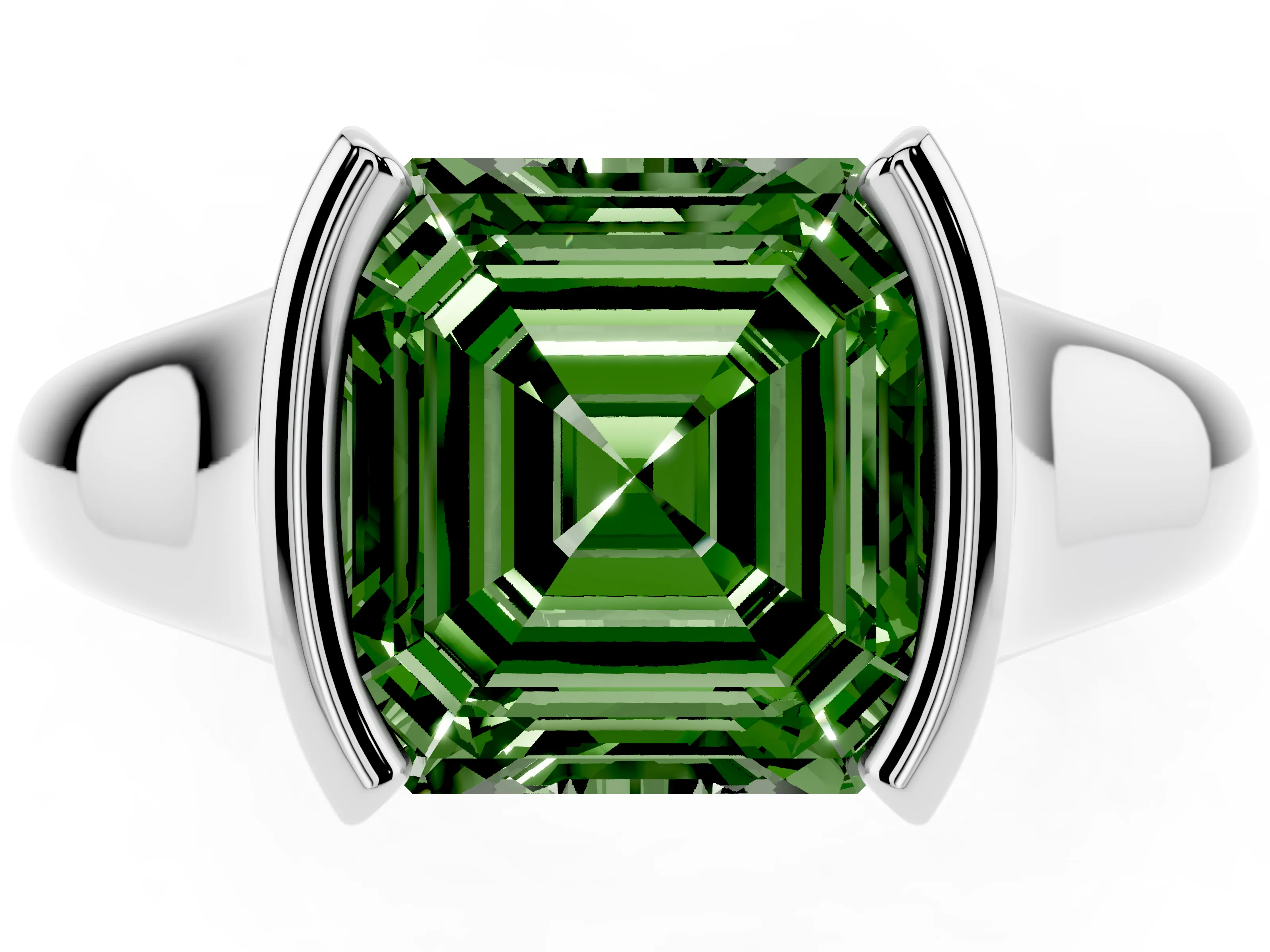 Fancy Green Asscher Cut Diamond Solitaire Tension Set Ring Set in Platinum with Split Shank Band