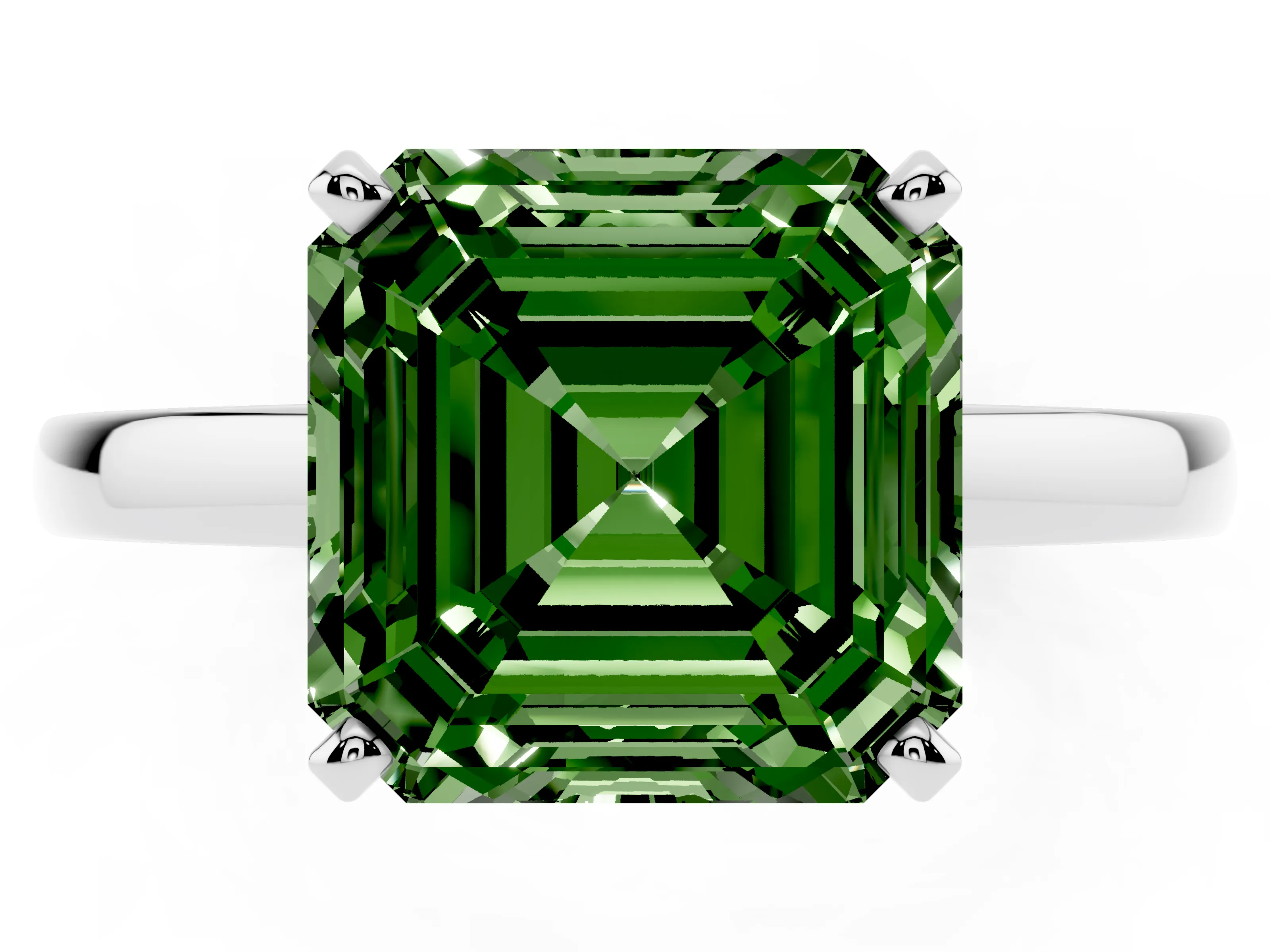 Fancy Green Asscher Cut Diamond Solitaire Engagement Ring Set in Platinum with Prong Setting on a Classic Band