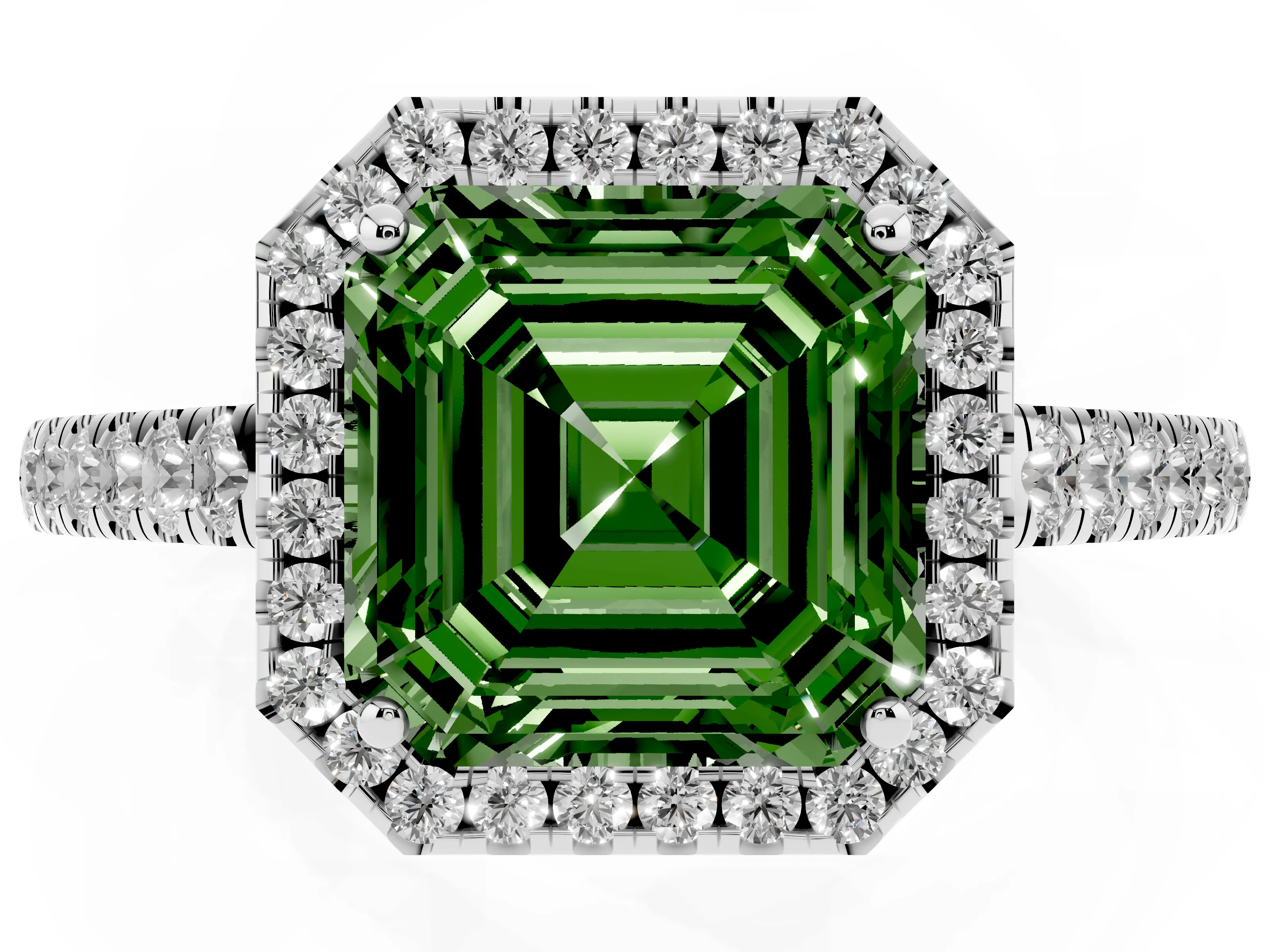 Fancy Green Asscher Cut Diamond Halo Pavé Engagement Ring Set in White gold with Prong Setting