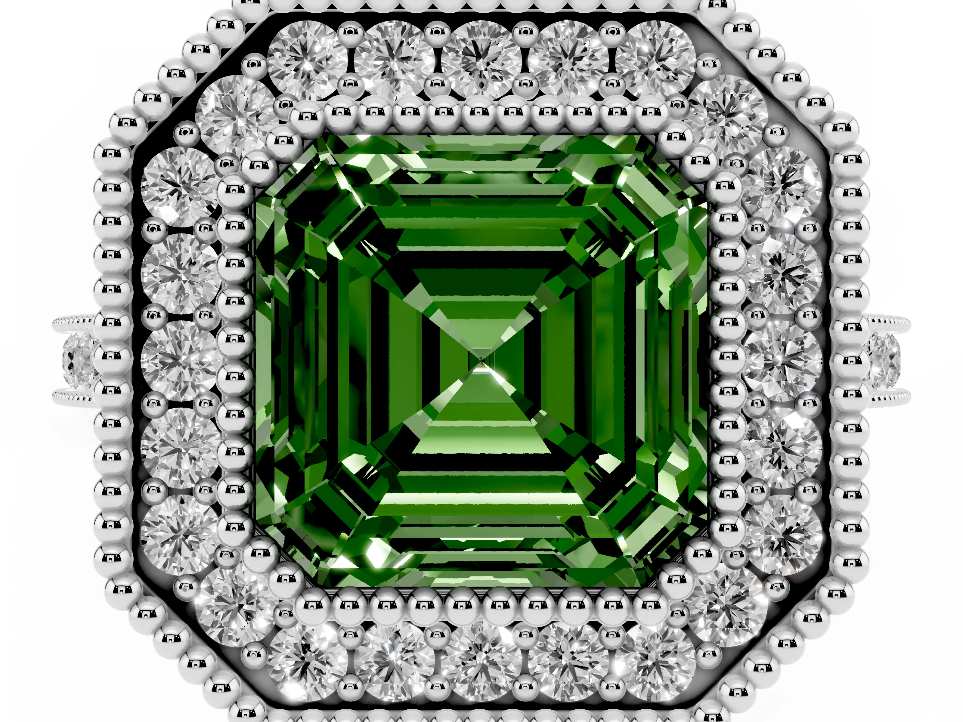 Fancy Green Asscher Cut Diamond Halo Ring Set in White gold with Milgrain Frame and Pavé Band