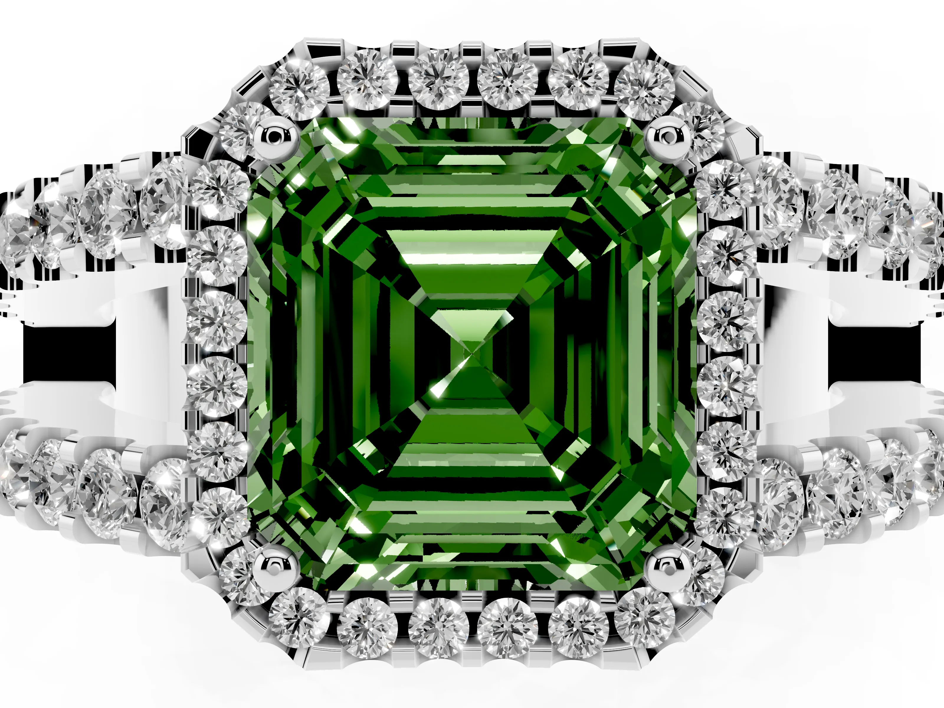 Fancy Green Asscher Cut Diamond Halo Ring Set in Platinum with Pavé Split Shank and Prong Setting
