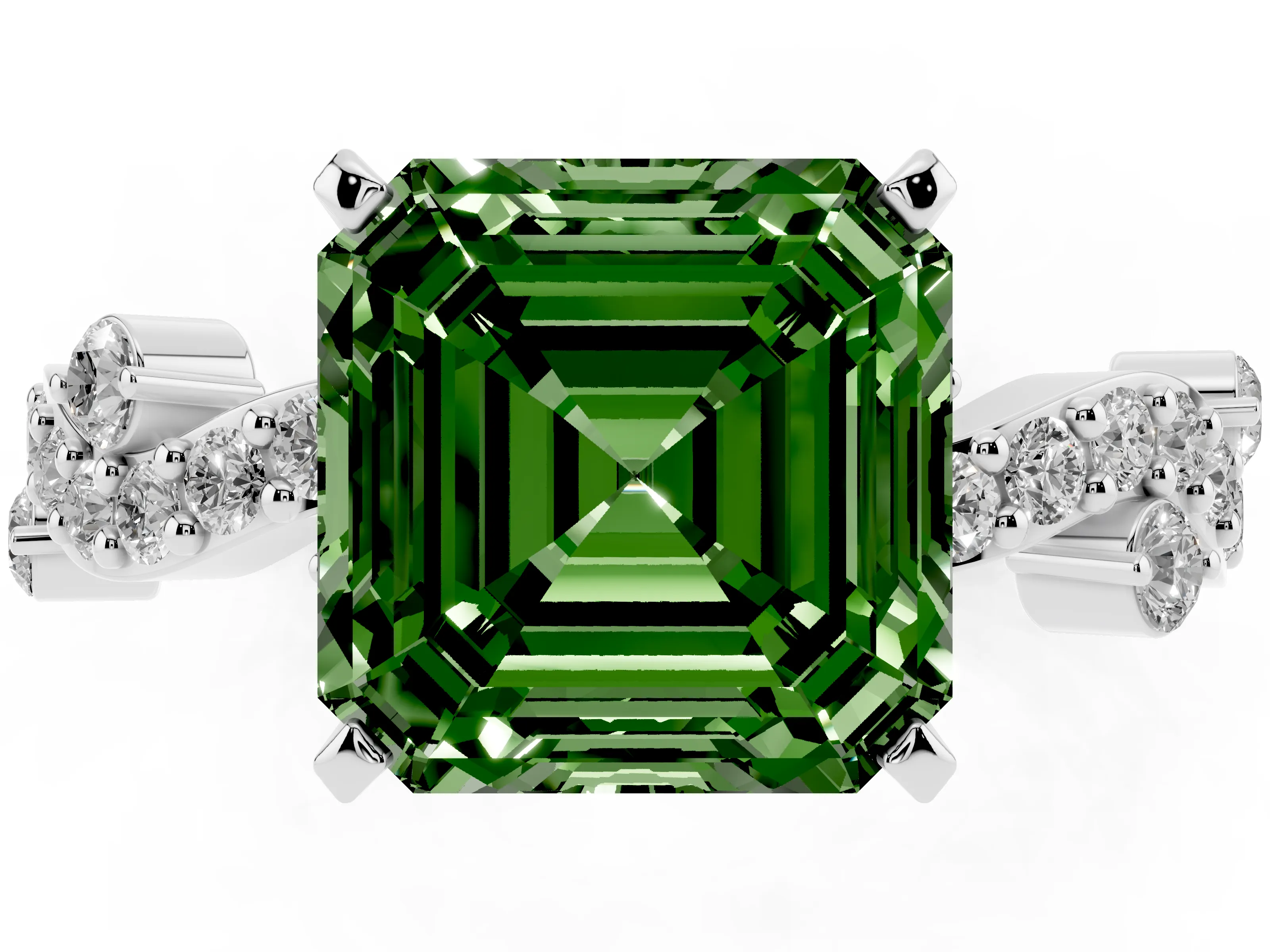 Fancy Green Asscher Cut Diamond Solitaire Twisted Band Set in White gold with Pavé Setting