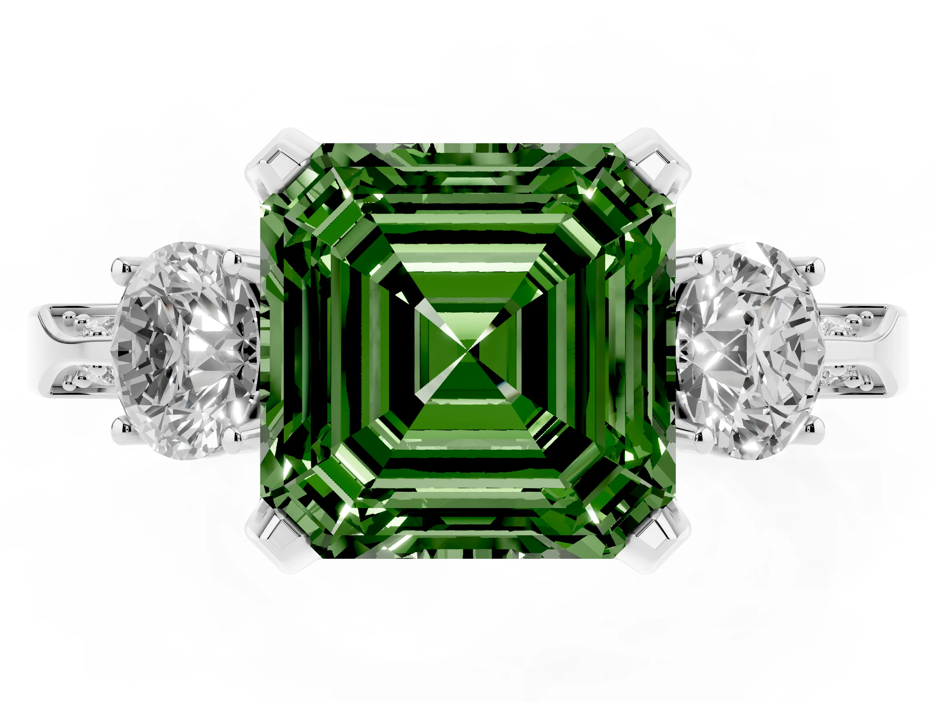 Fancy Green Asscher Cut Diamond Three-Stone Ring Set in Silver with Pavé Band and Smaller Side Stones