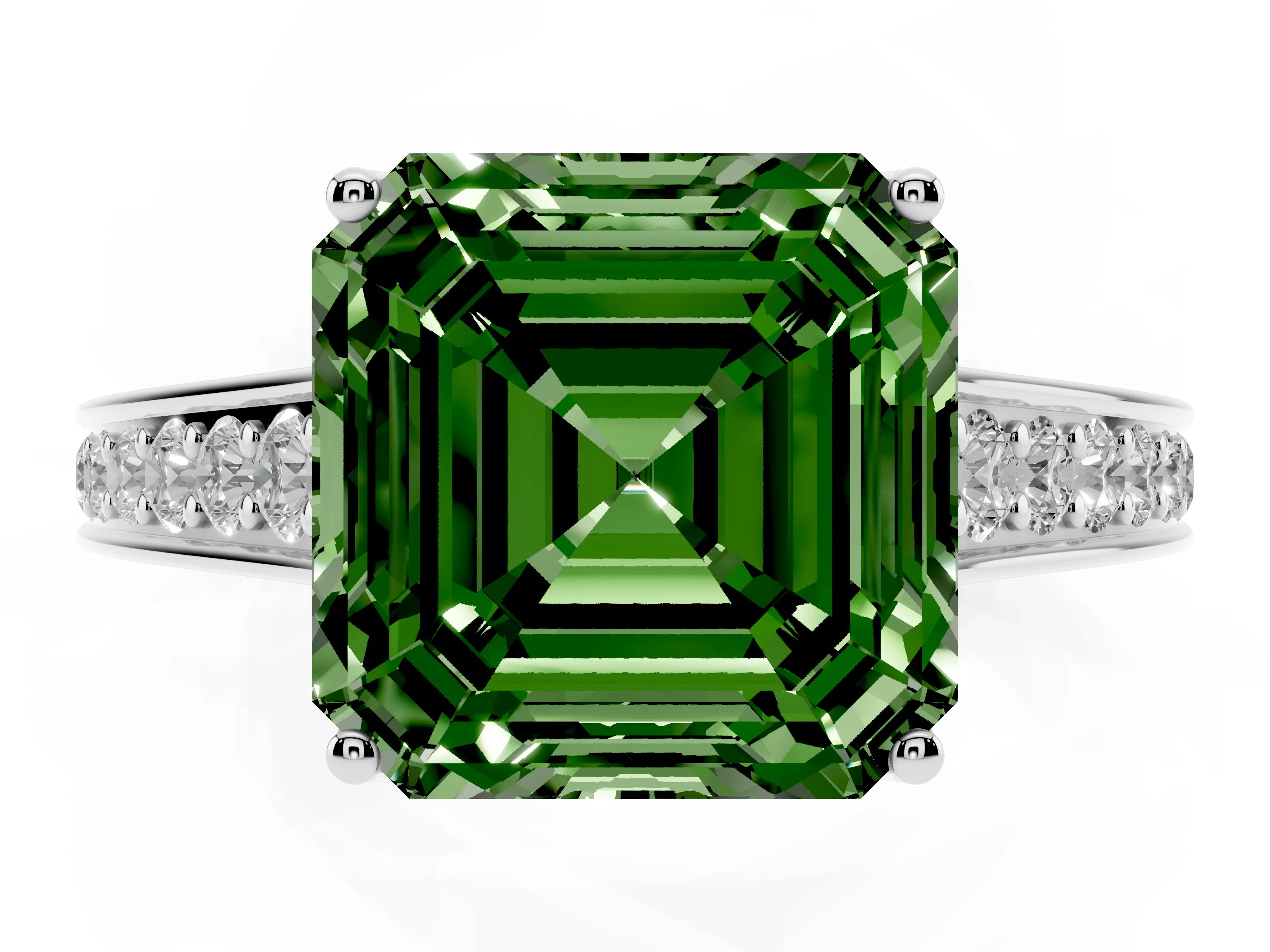 Fancy Green Asscher Cut Diamond Solitaire Pavé Engagement Ring Set in White gold with Prong Setting