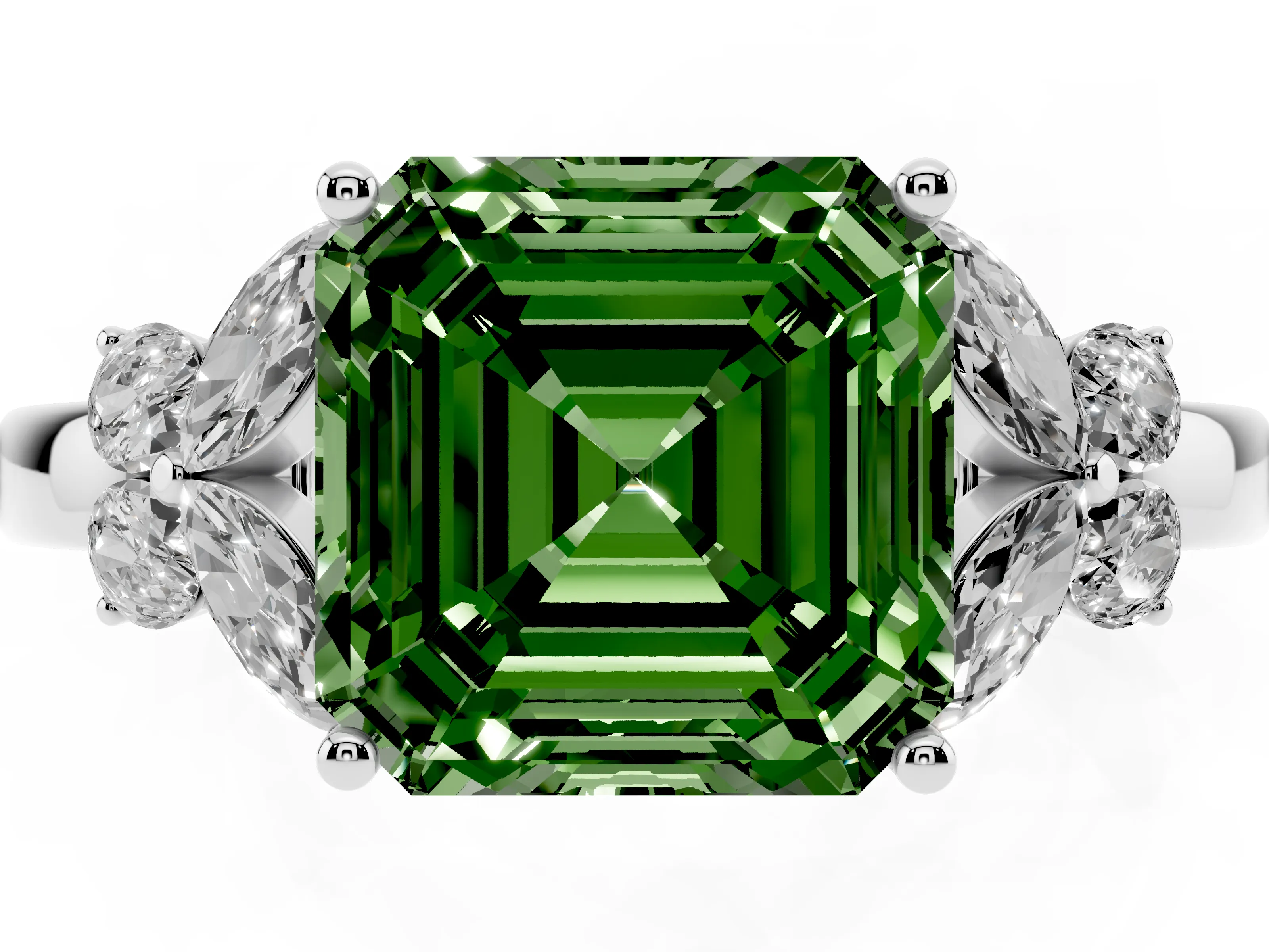 Fancy Green Asscher Cut Diamond Solitaire Floral Ring Set in Platinum with Marquise Petals and Prong Setting
