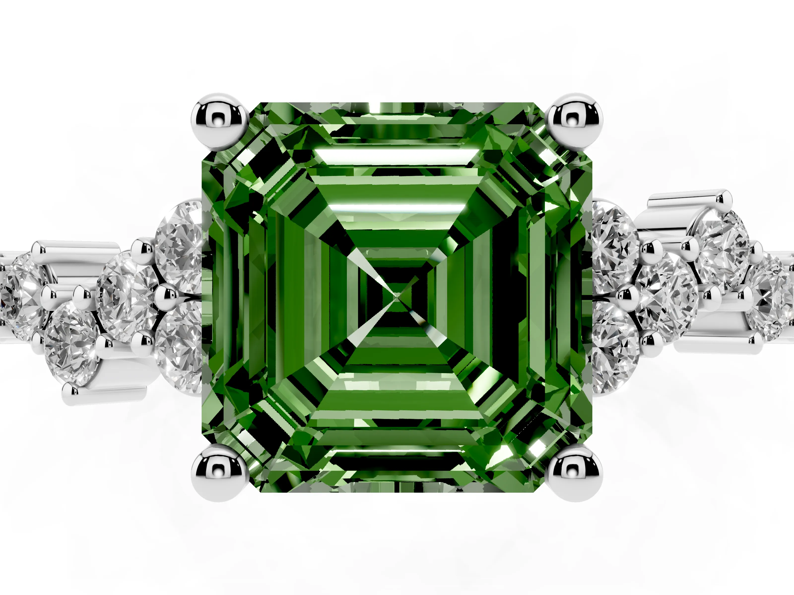 Fancy Green Asscher Cut Diamond Ring Set in Silver with Scattered Round Accents