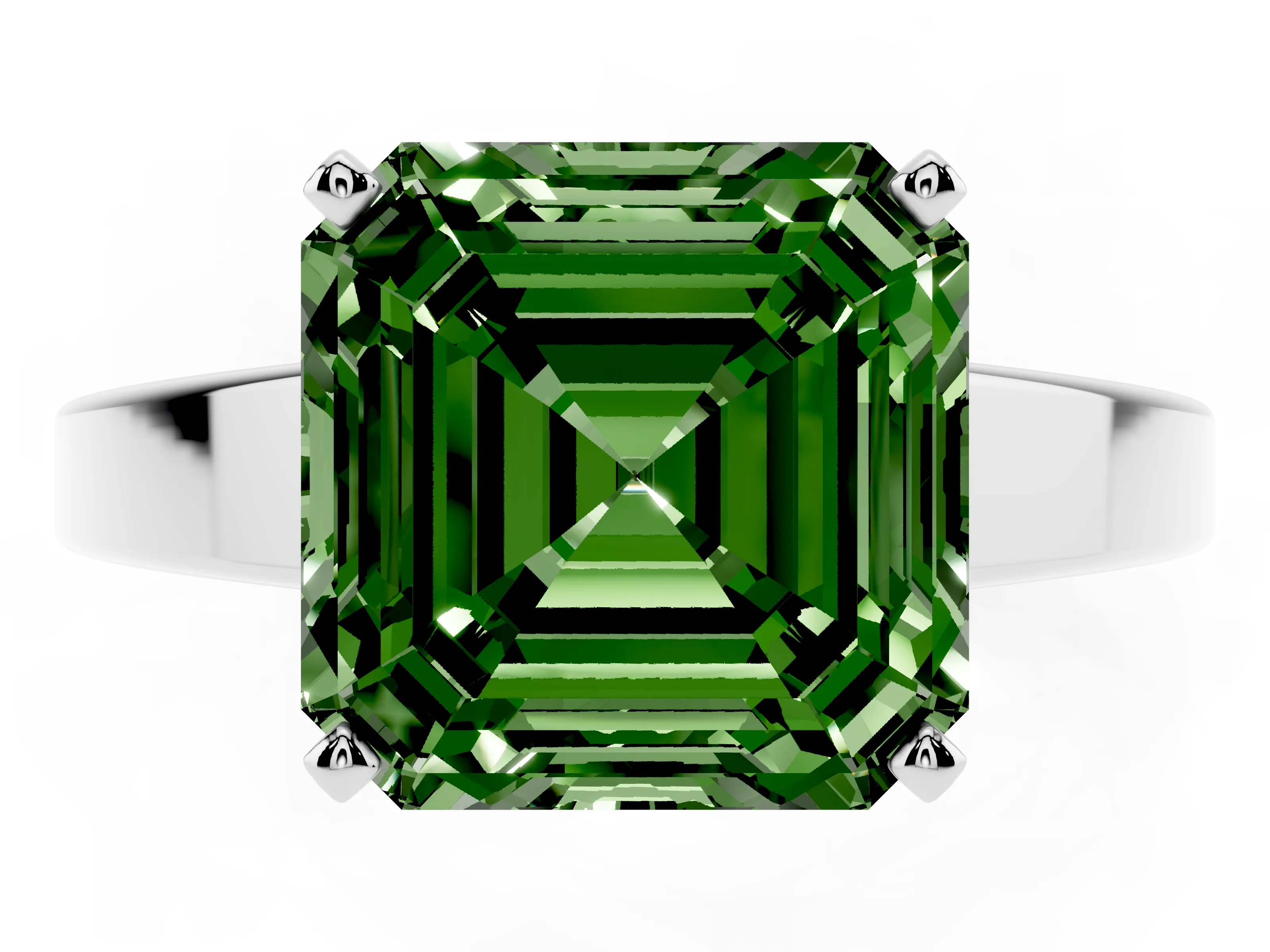 Fancy Green Asscher Cut Diamond Solitaire Engagement Ring Set in White gold with Prong Setting and Tapered Band