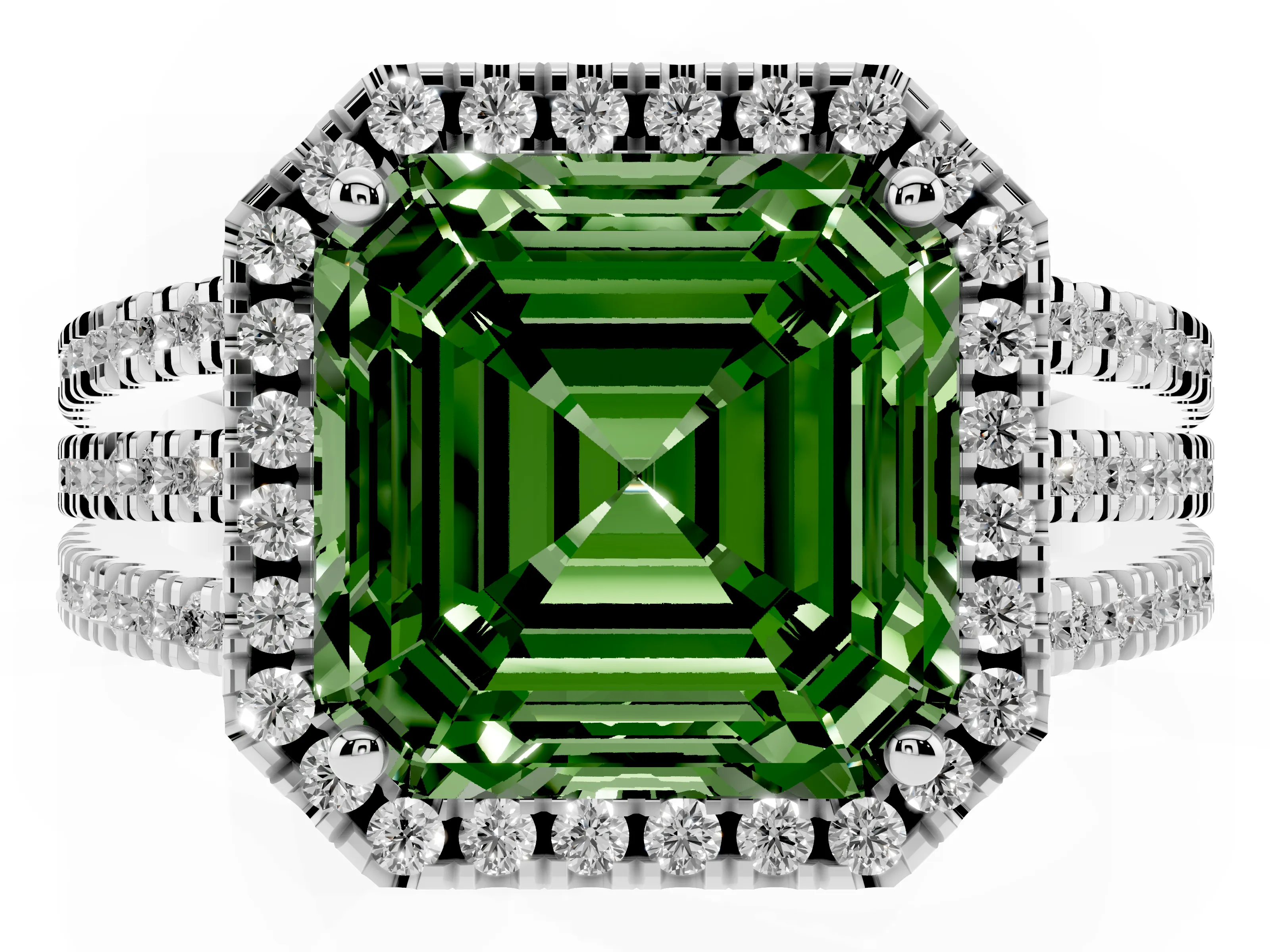 Fancy Green Asscher Cut Diamond Halo Split Shank Engagement Ring Set in Silver with Prong Setting