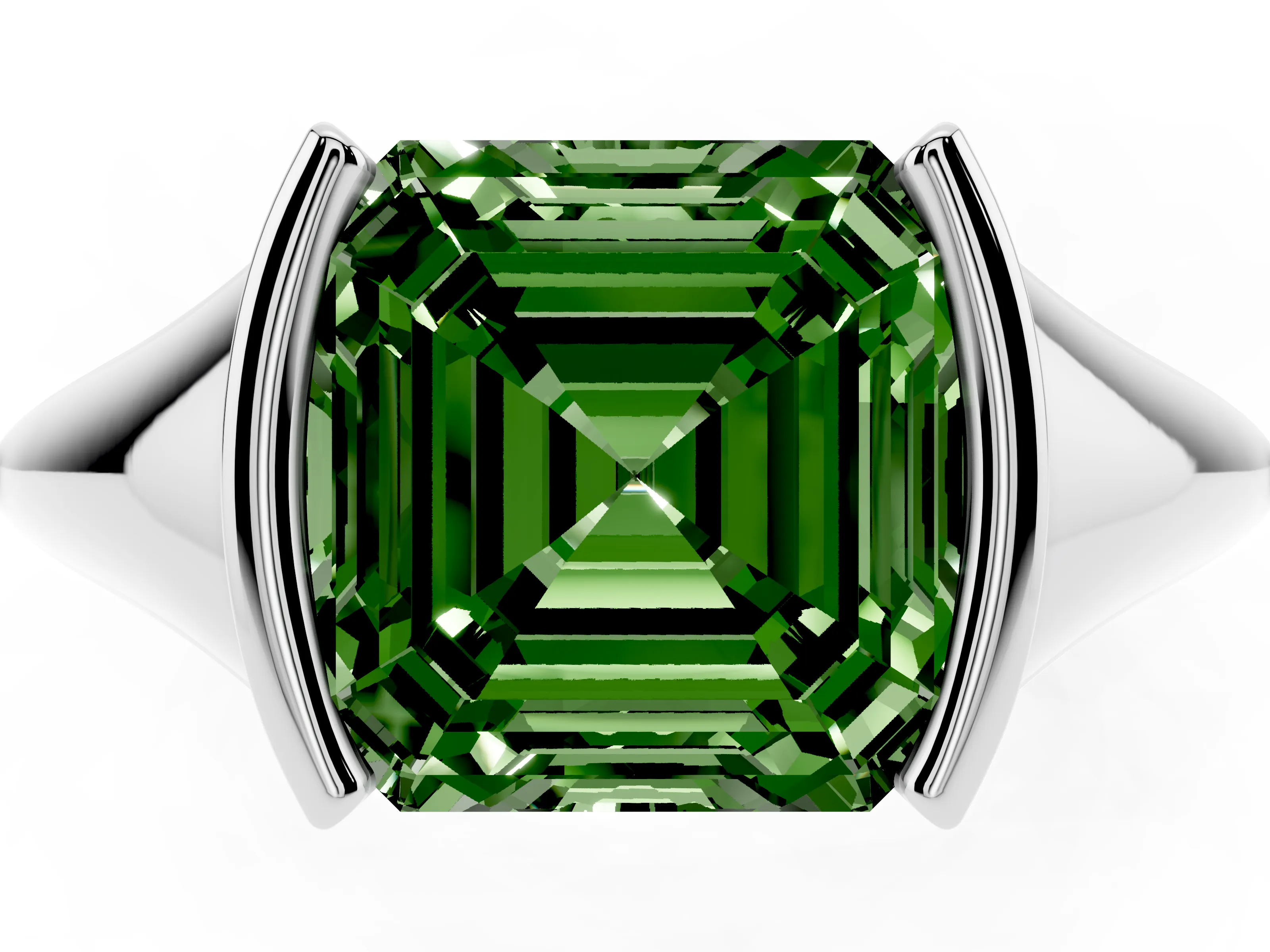 Fancy Green Asscher Cut Diamond Solitaire Tension Set Ring Set in White gold