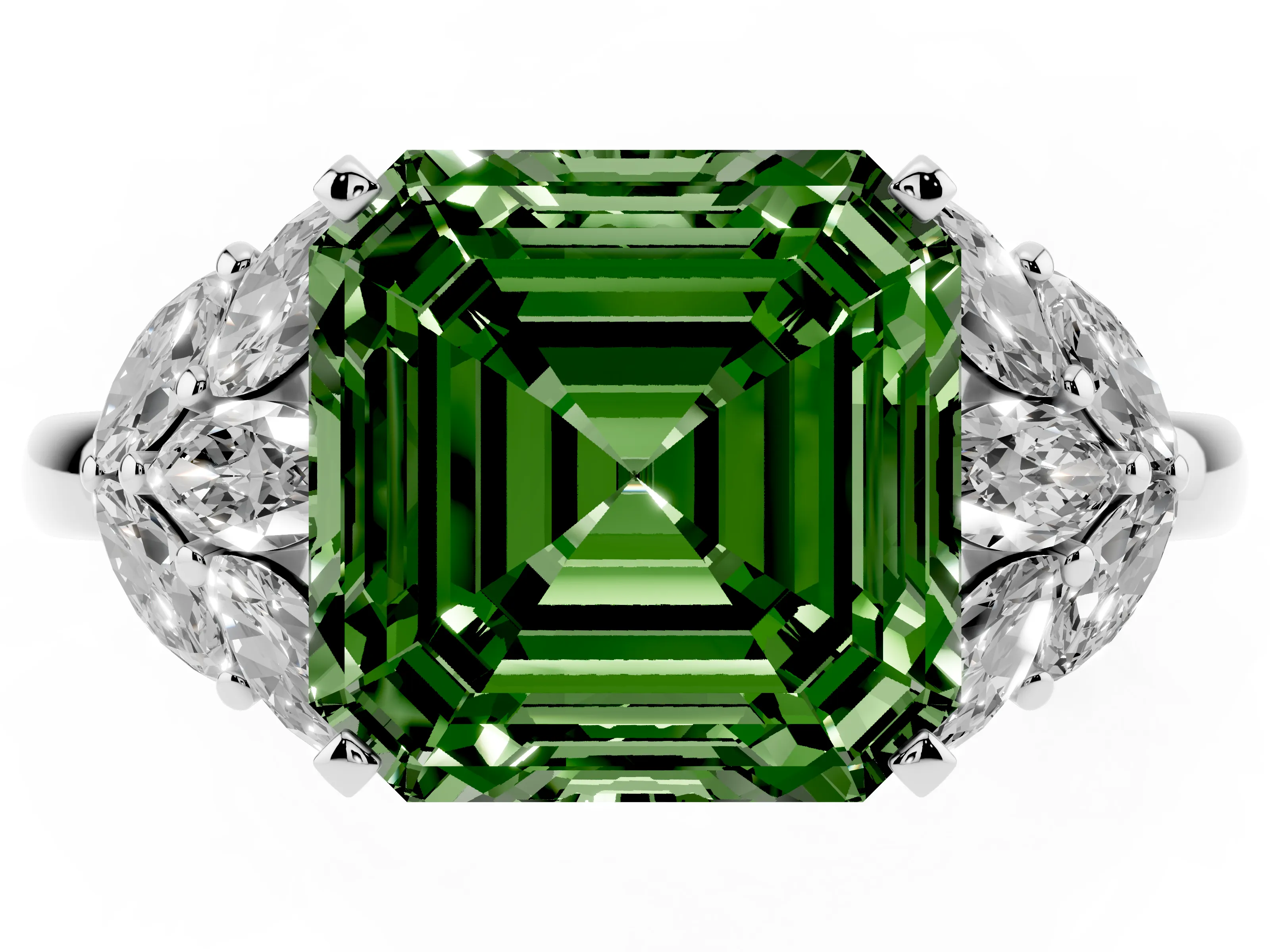 Fancy Green Asscher Cut Diamond Cluster Leaf Design Ring Set in White gold with Prong Setting