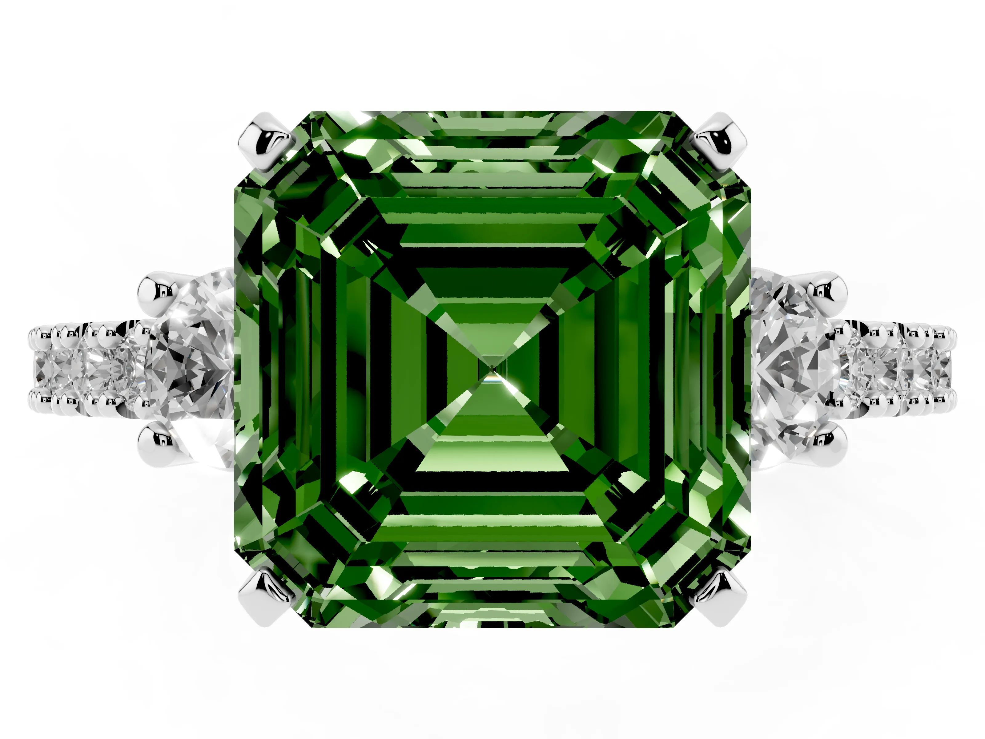 Fancy Green Three-Stone Asscher Cut Diamond Pavé Band Ring Set in Silver with Prong Setting