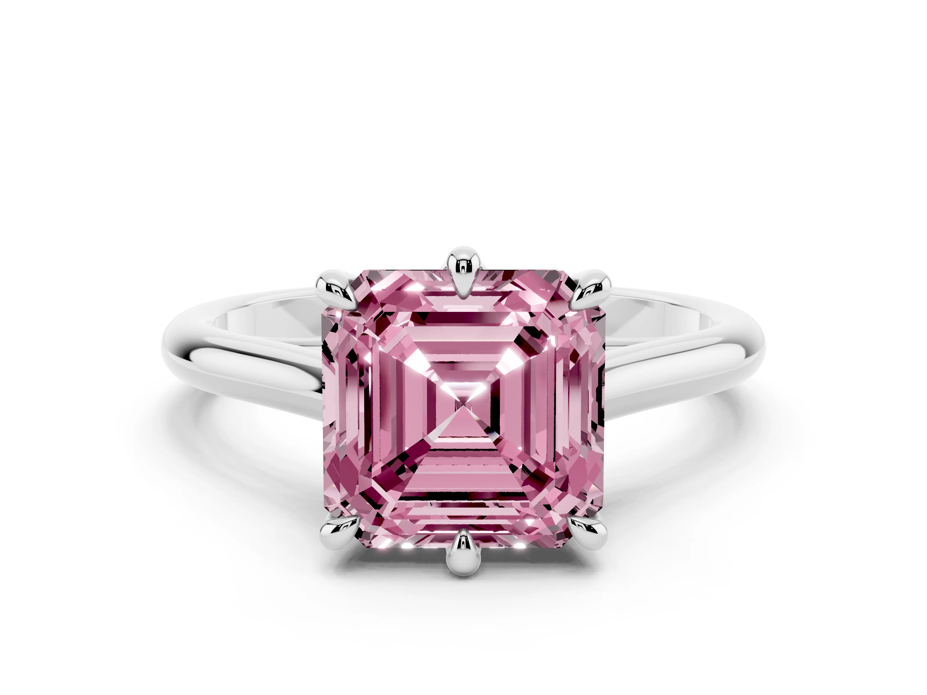 Fancy Pink Asscher Cut Diamond Solitaire Engagement Ring Set in Platinum with Prong Setting and Plain Classic Band