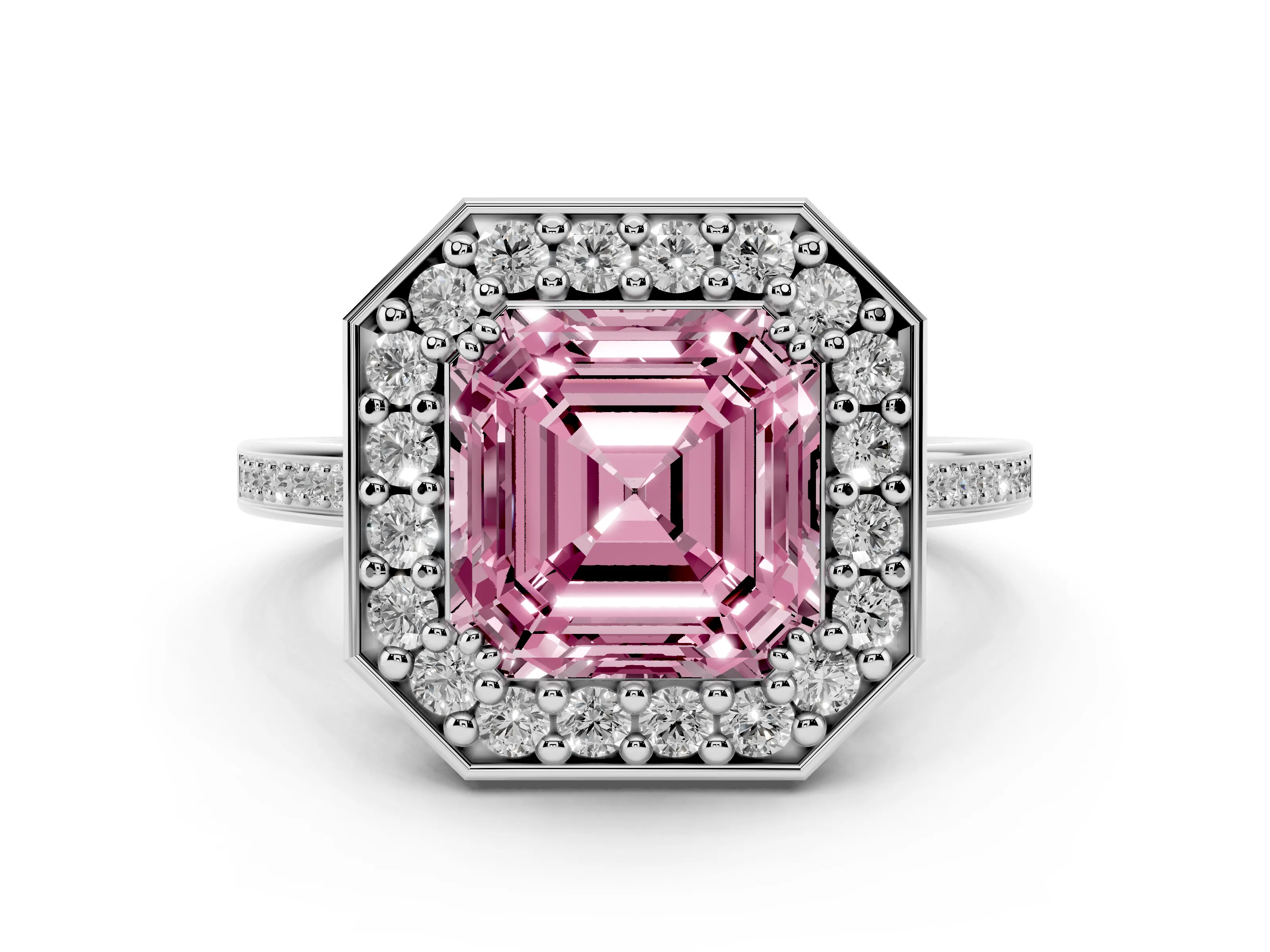 Fancy Pink Asscher Cut Diamond Halo Ring Set in Silver with Accent-Lined Split Shank and Prong Setting