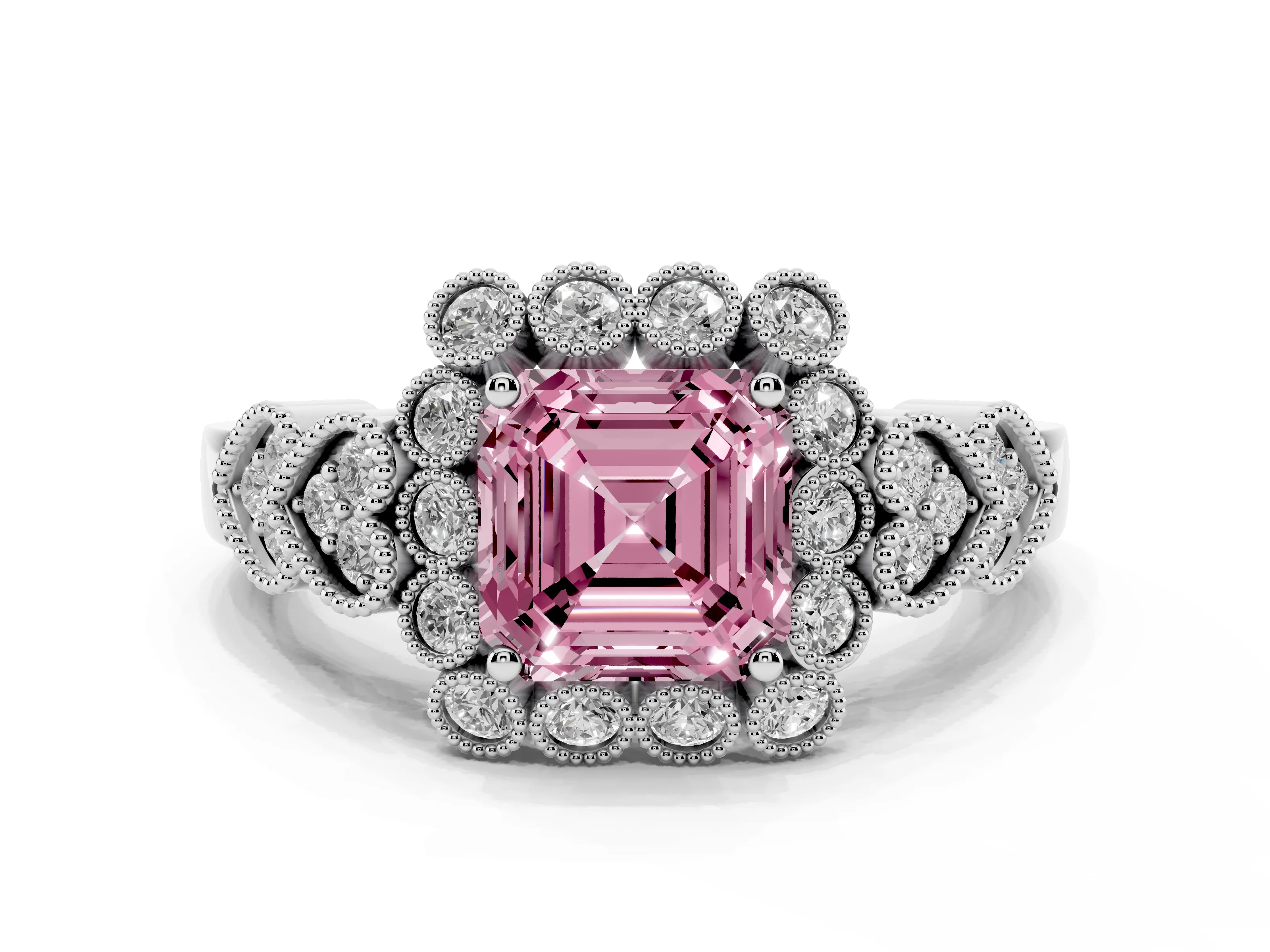 Fancy Pink Asscher Cut Diamond Solitaire Ring Set in White gold with Milgrain Pavé Heart Band