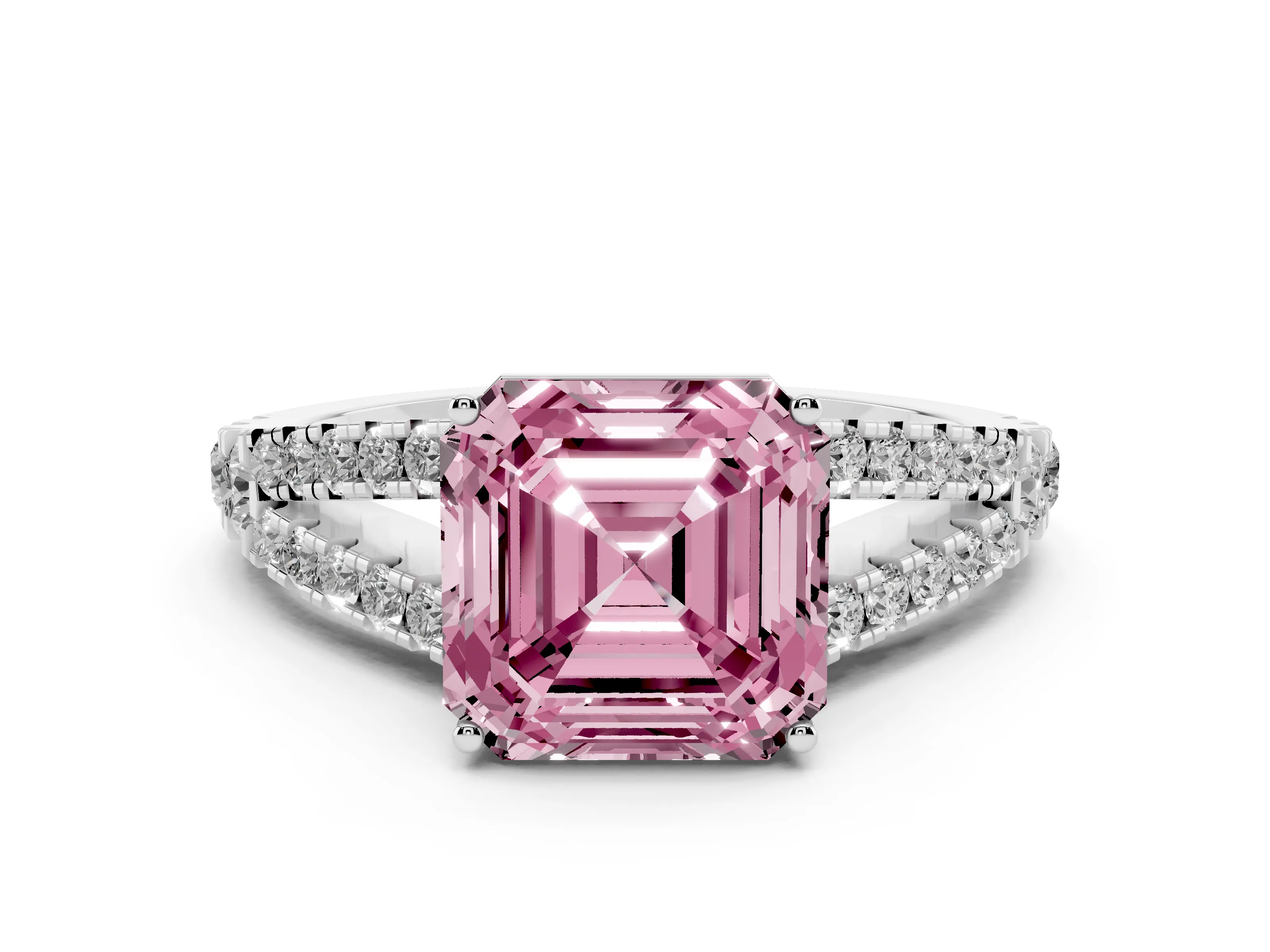 Fancy Pink Asscher Cut Diamond Split Shank Engagement Ring Set in Silver with Round Pavé and Prong Setting