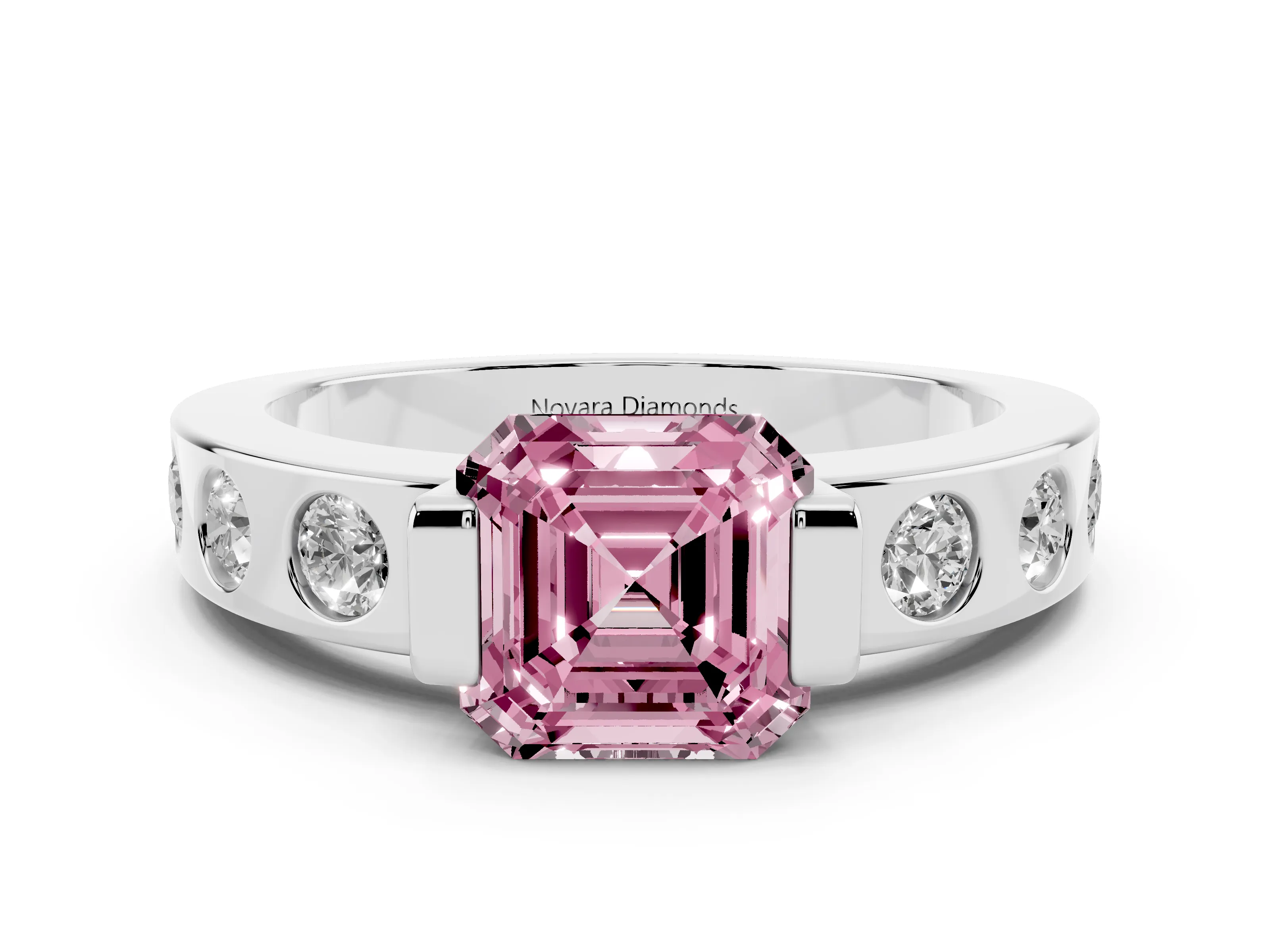Fancy Pink Asscher Cut Diamond Channel-Set Band Ring Set in Silver with Bezel Prong Setting