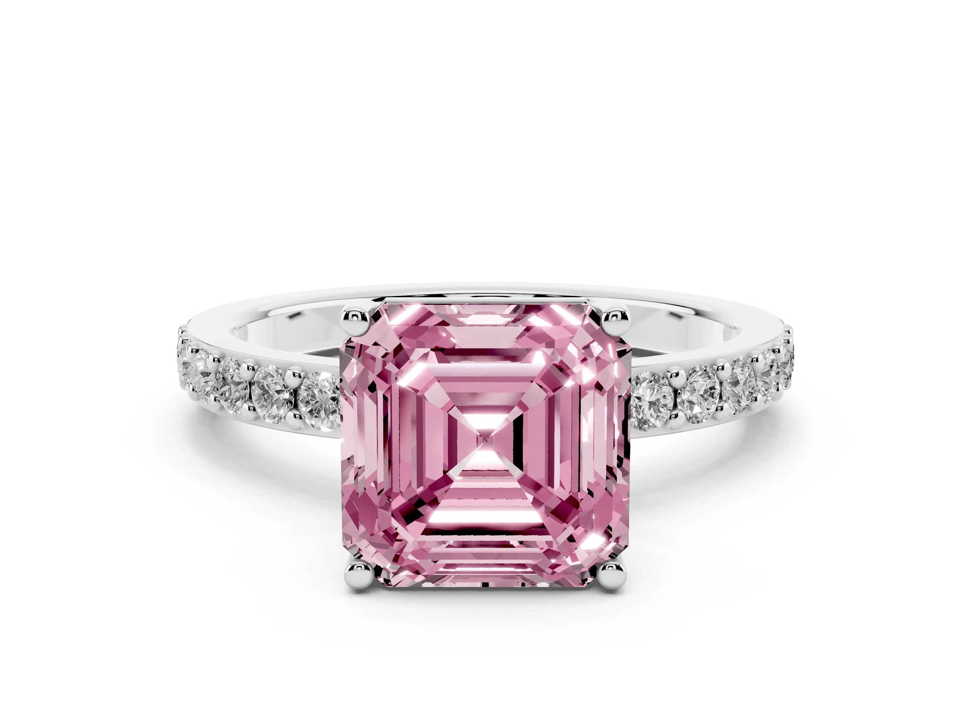 Fancy Pink Asscher Cut Diamond Solitaire Set in White gold with Round Pavé Band and Prong Setting