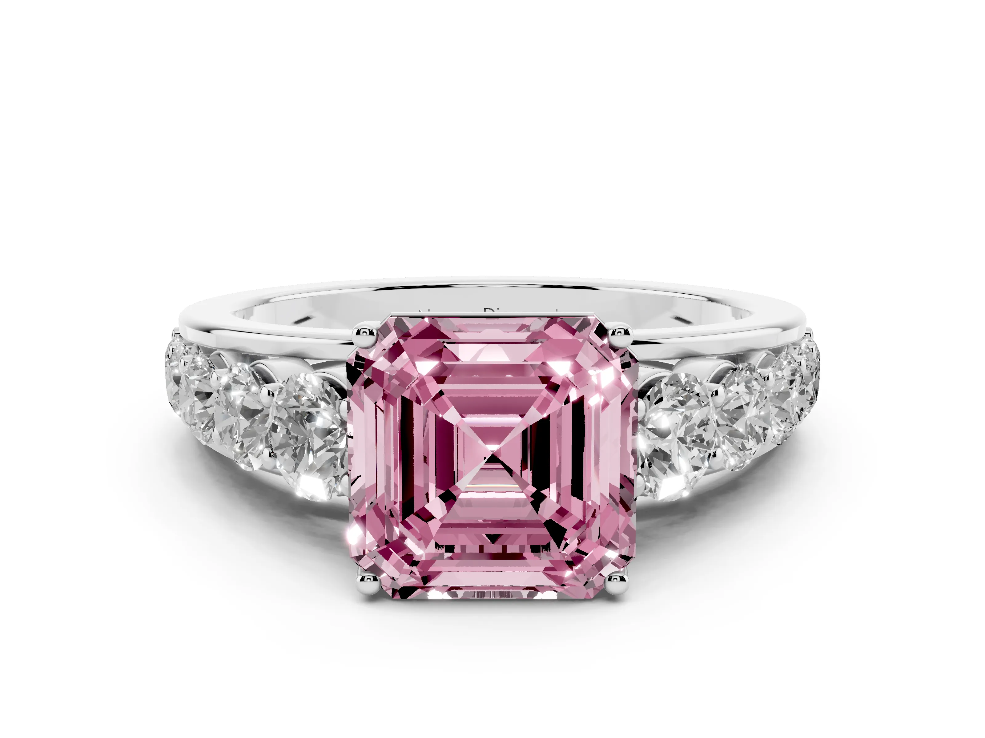Fancy Pink Asscher Cut Diamond Solitaire Ring Set in White gold with Pavé-Set Band and Prong Setting