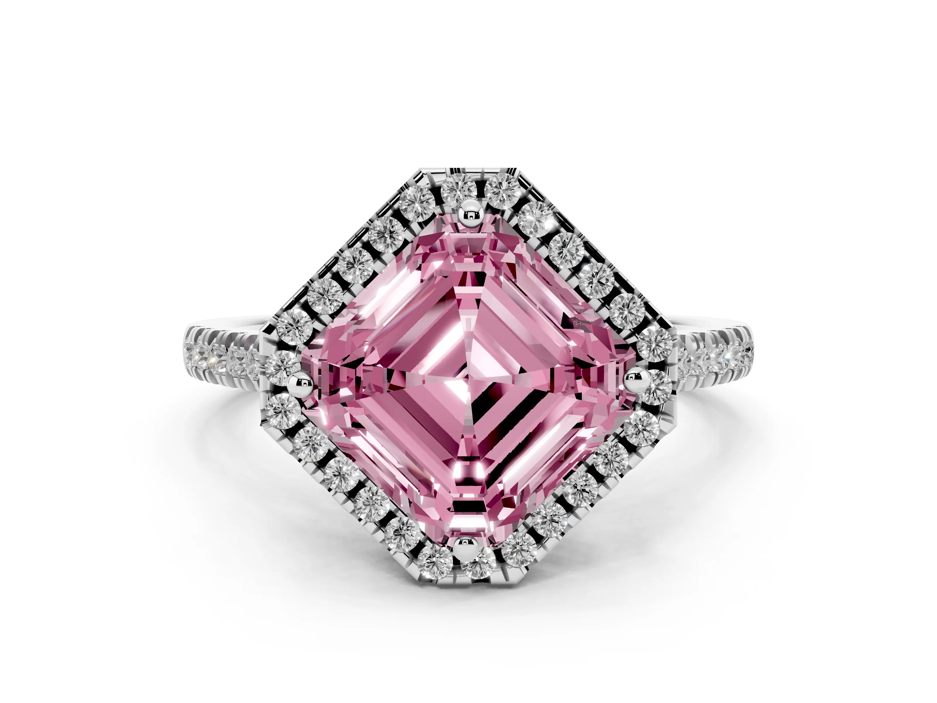 Fancy Pink Asscher Cut Diamond Cushion Halo Ring Set in White gold with Pavé Band