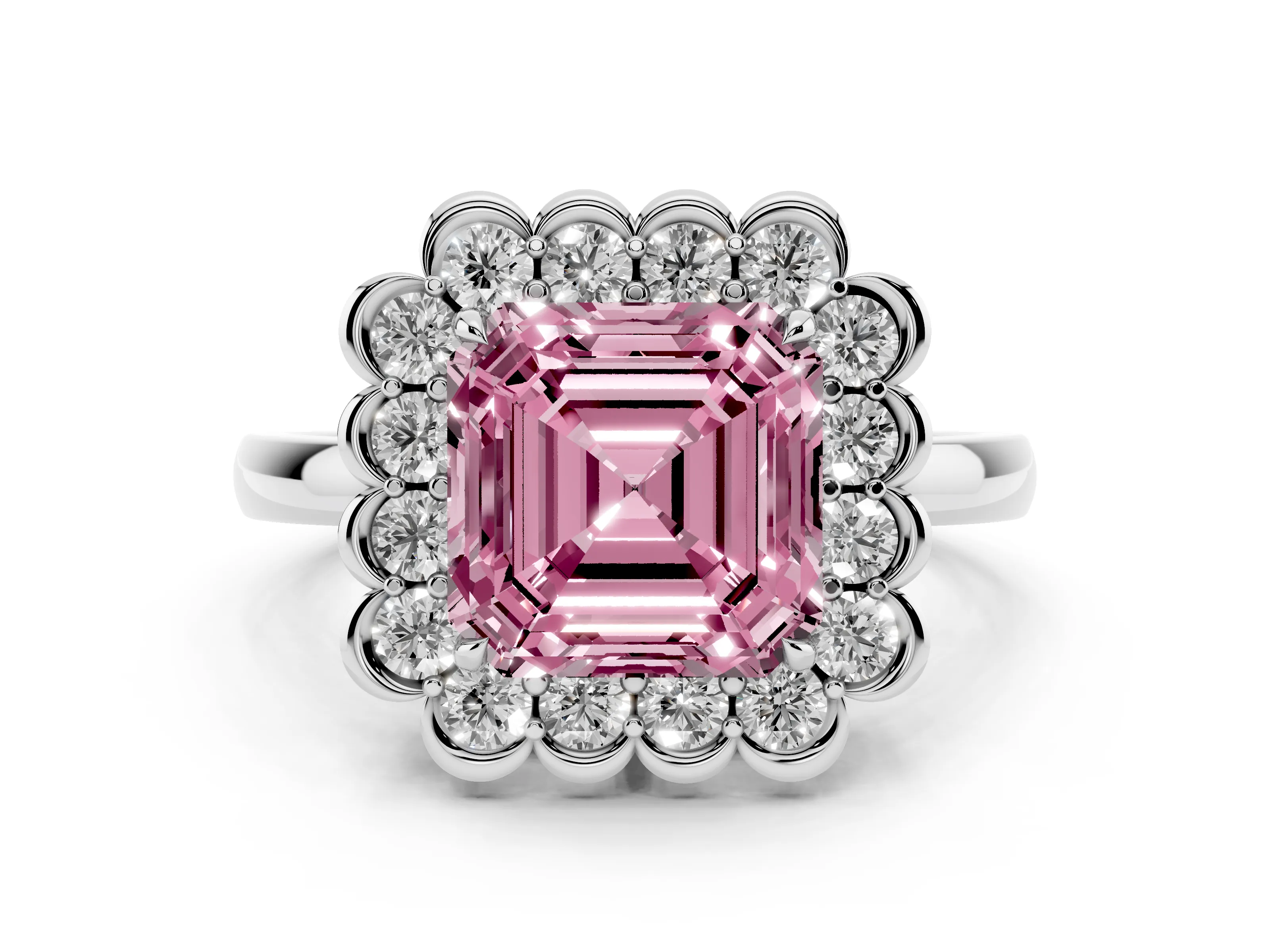 Fancy Pink Asscher Cut Diamond Halo Cluster Engagement Ring Set in Platinum with Solitaire Band and Prong Setting