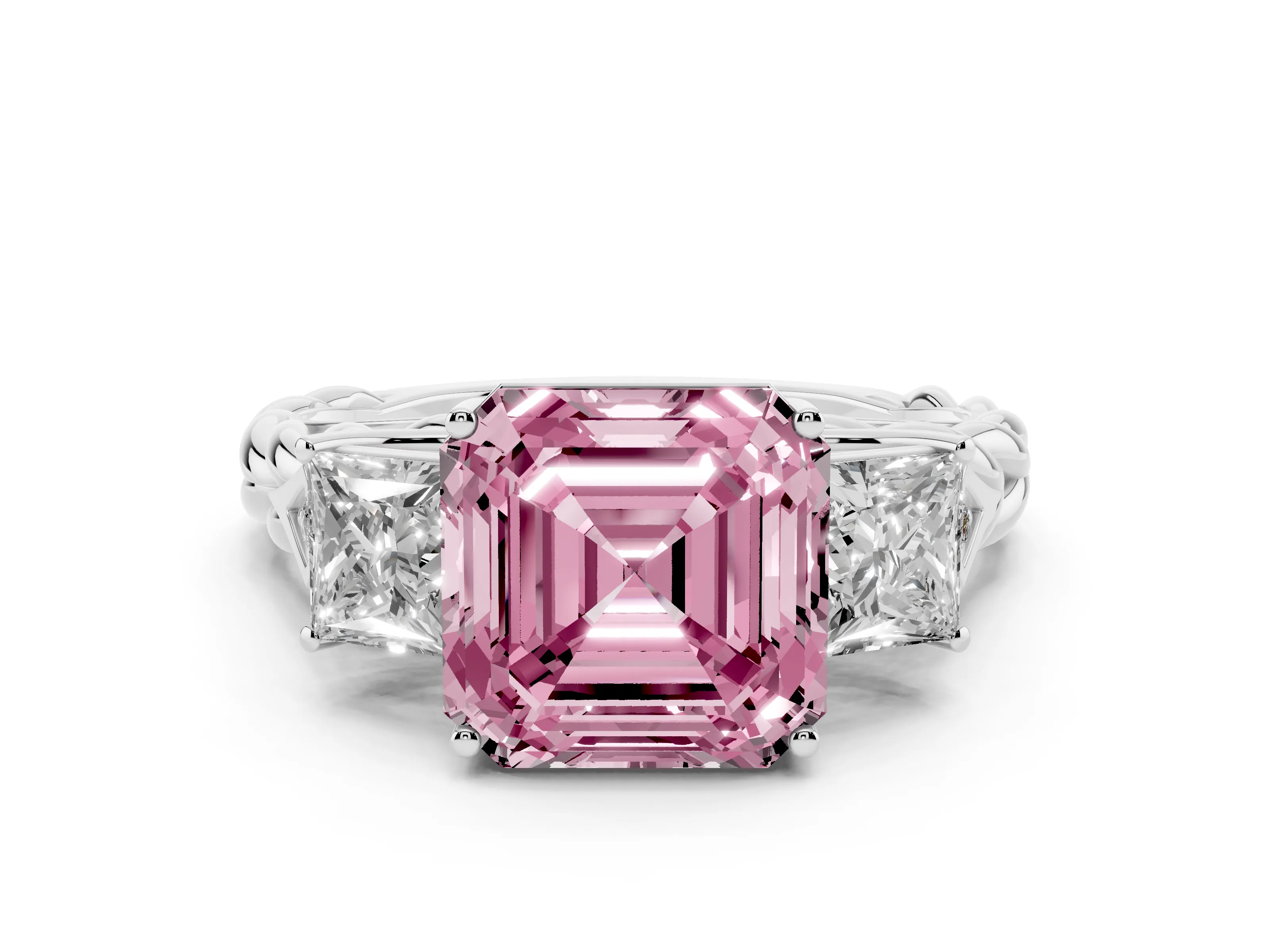 Fancy Pink Asscher Cut Diamond Three-Stone Ring Set in White gold with Braided Band