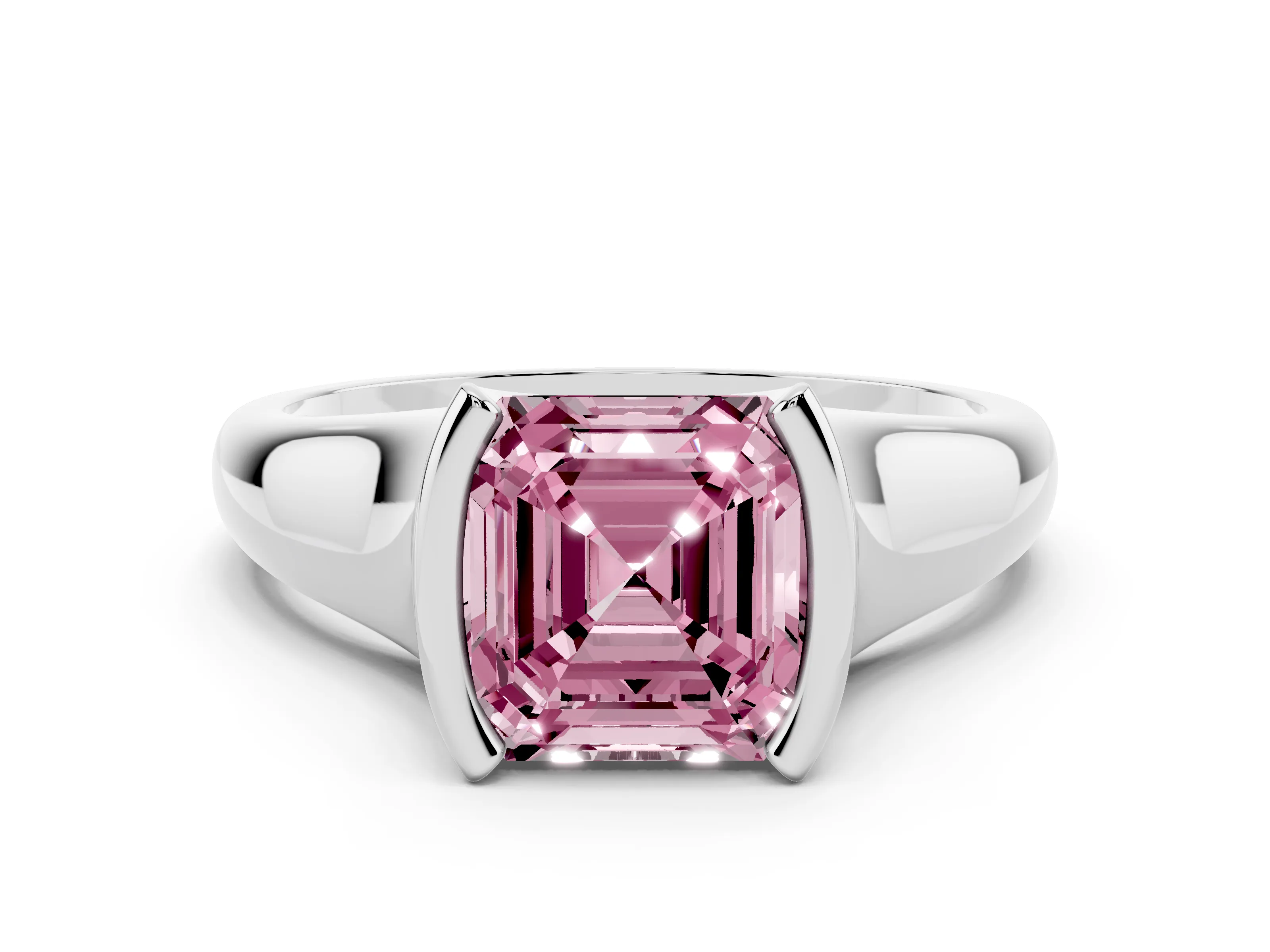 Fancy Pink Asscher Cut Diamond Solitaire Tension Set Ring Set in White gold with Split Shank Band