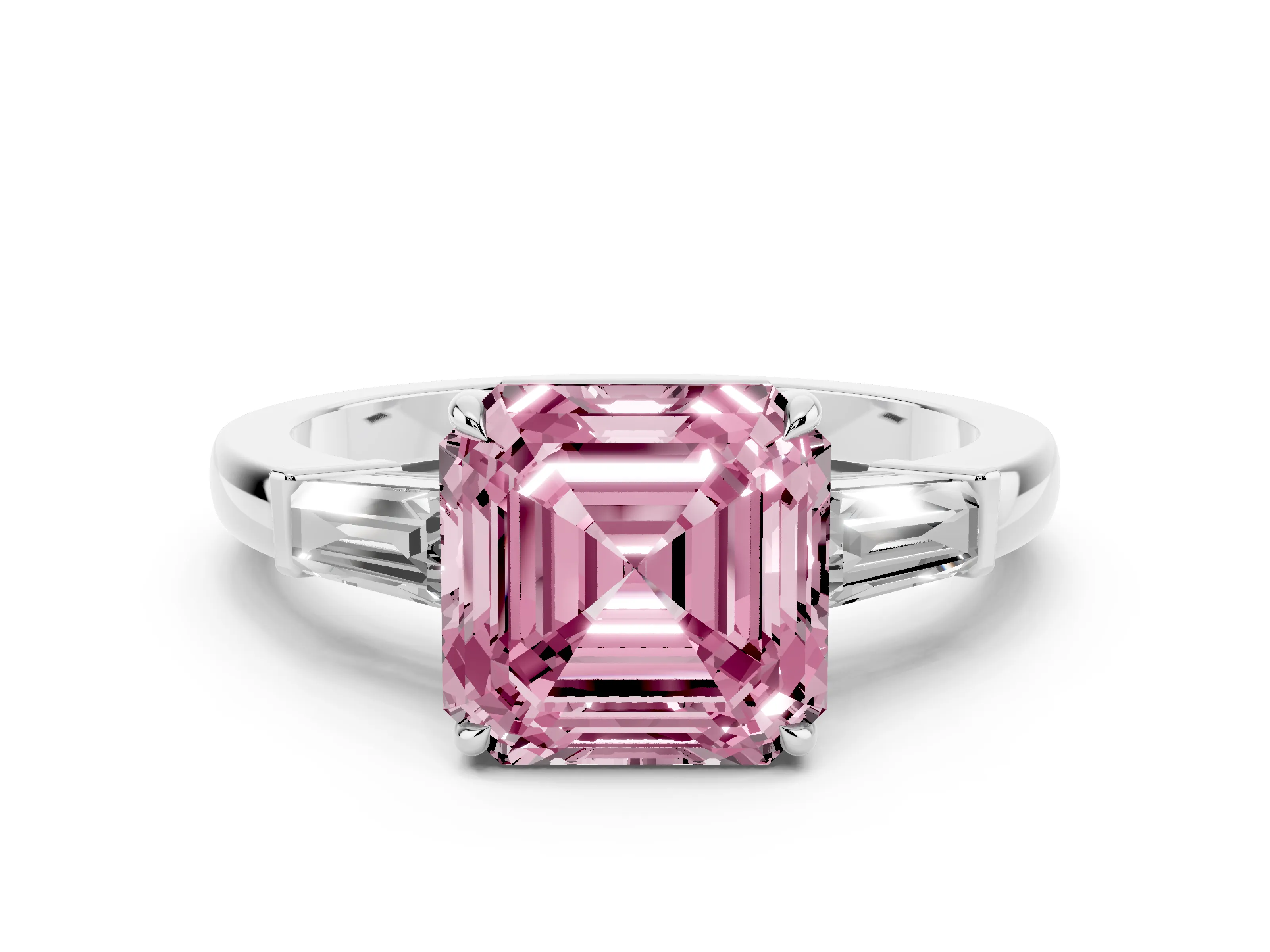 Fancy Pink Asscher Cut Diamond Three-Stone Ring Set in White gold with Tapered Baguette Side Stones and Prong Setting