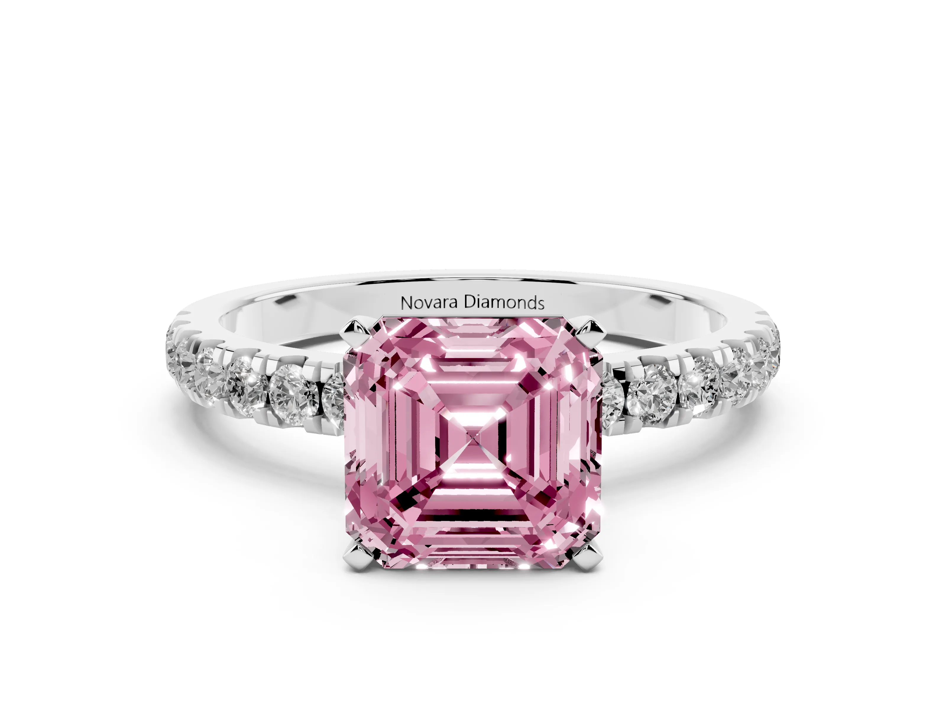 Fancy Pink Asscher Cut Diamond Solitaire Ring Set in Silver with Pavé Accents and Prong Setting