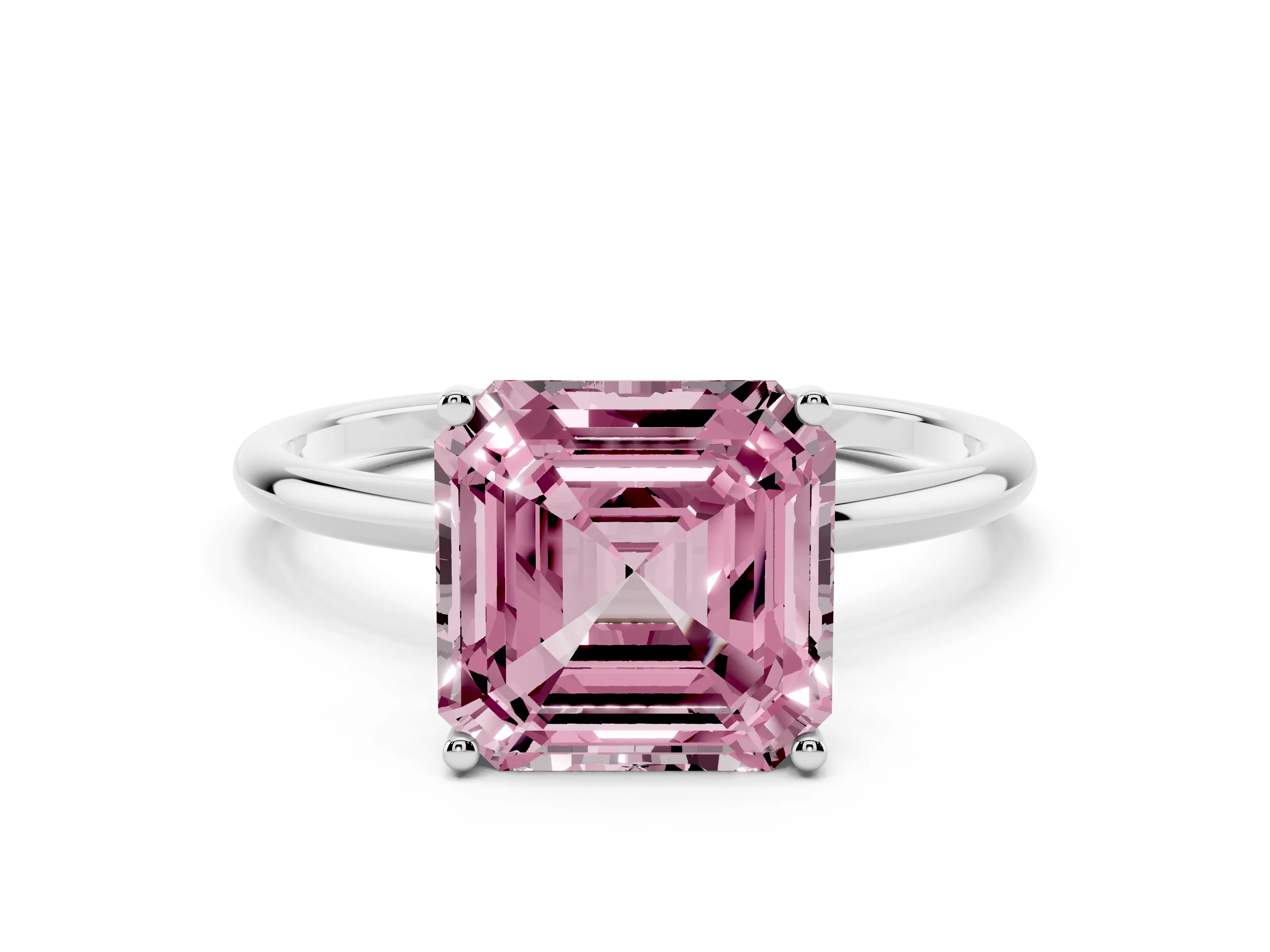 Fancy Pink Asscher Cut Diamond Solitaire Engagement Ring Set in Platinum with Thin Band and Prong Setting