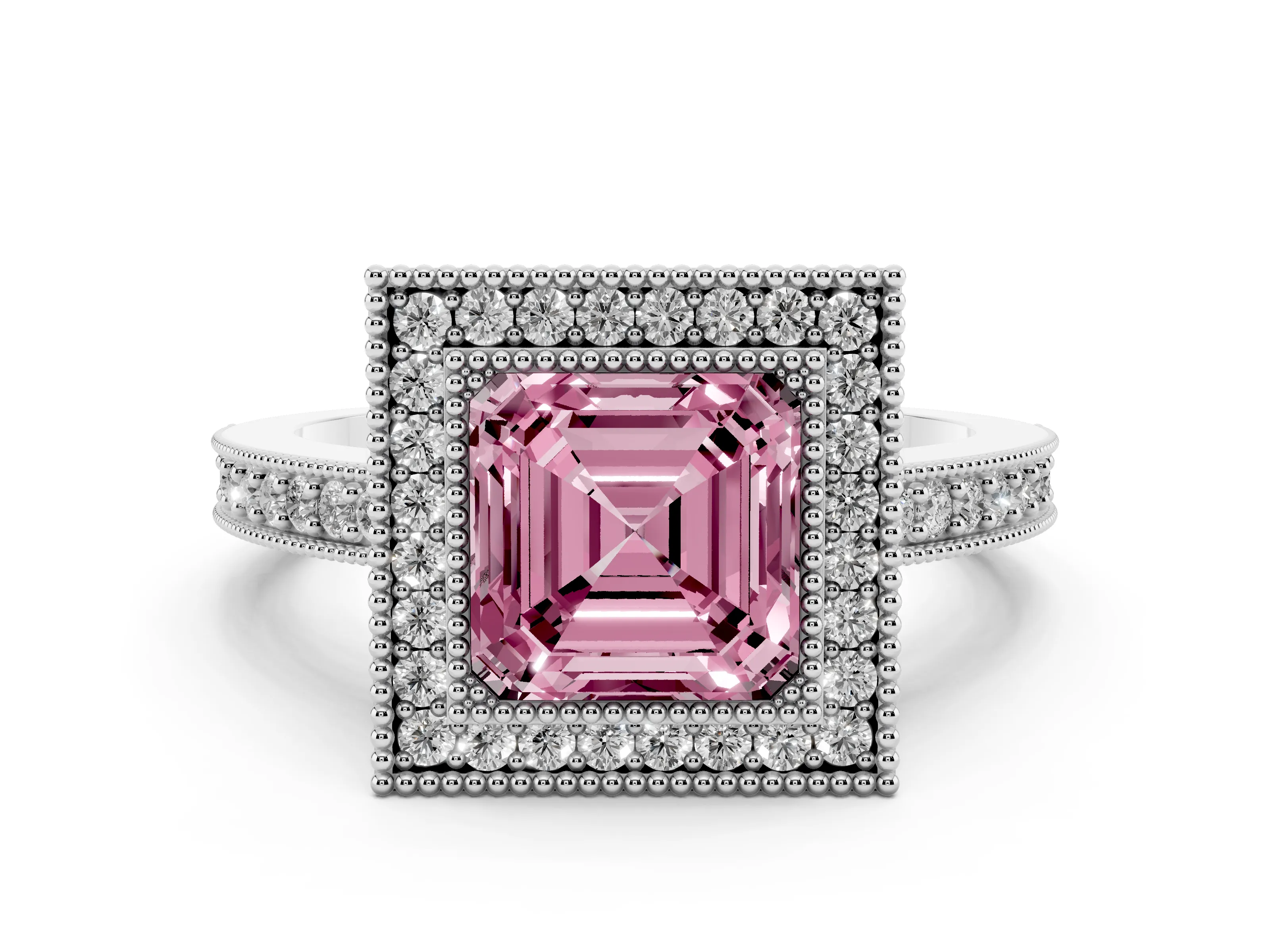Fancy Pink Asscher Cut Diamond Halo Engagement Ring Set in White gold with Pavé Band and Round Halo Stones