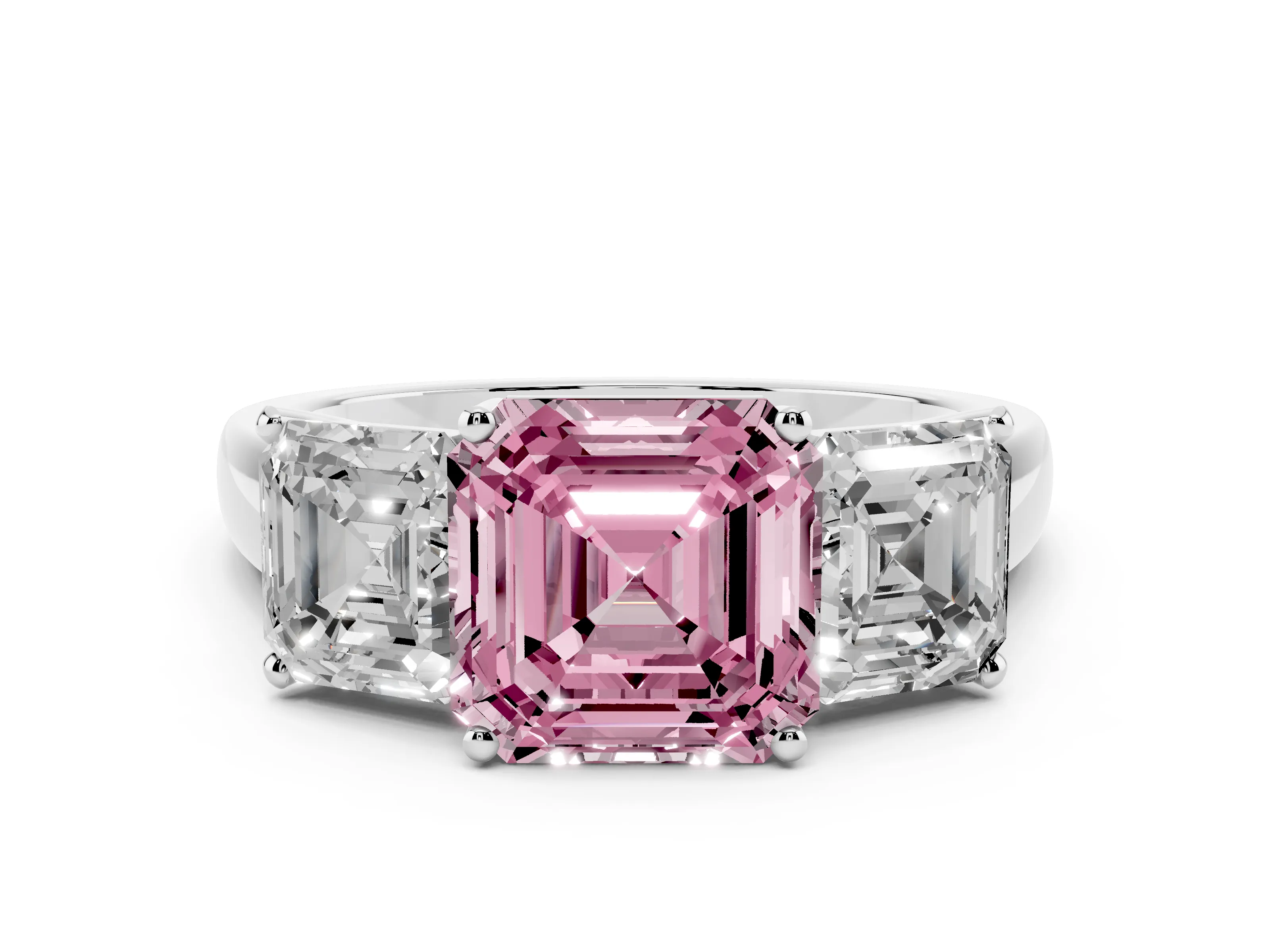 Fancy Pink Asscher Cut Diamond Three-Stone Ring Set in Platinum with Classic Prong Setting and Plain Band