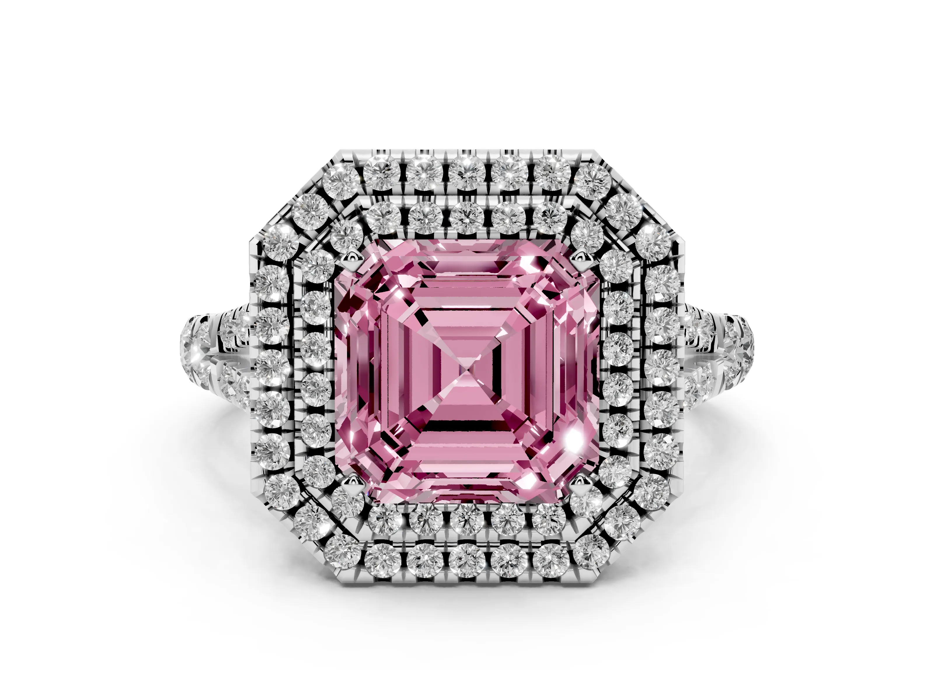 Fancy Pink Asscher Cut Diamond Pavé Split Shank Double Halo Engagement Ring Set in Platinum