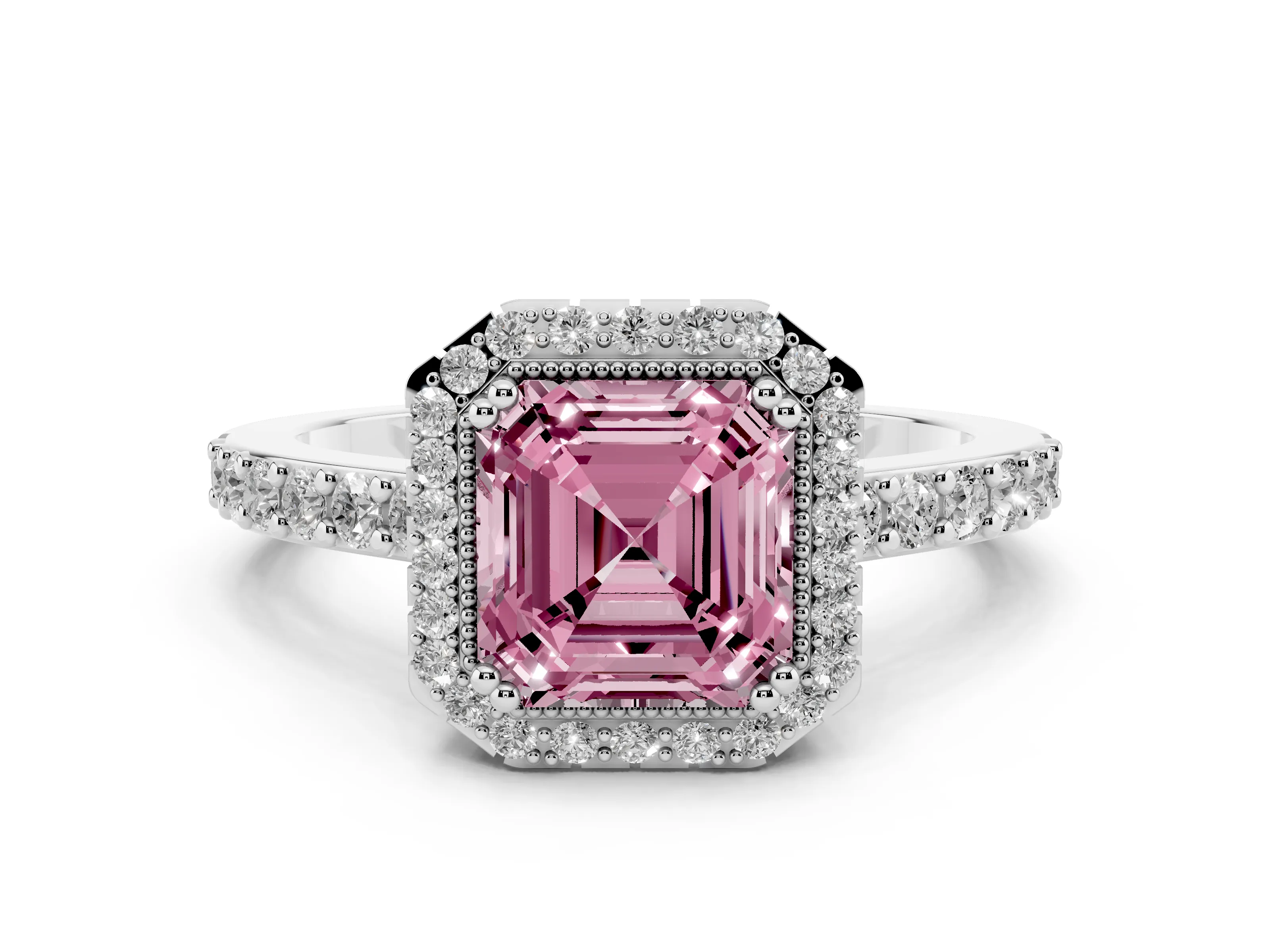 Fancy Pink Asscher Cut Diamond Halo Engagement Ring Set in Platinum with Milgrain Detail and Pavé Band