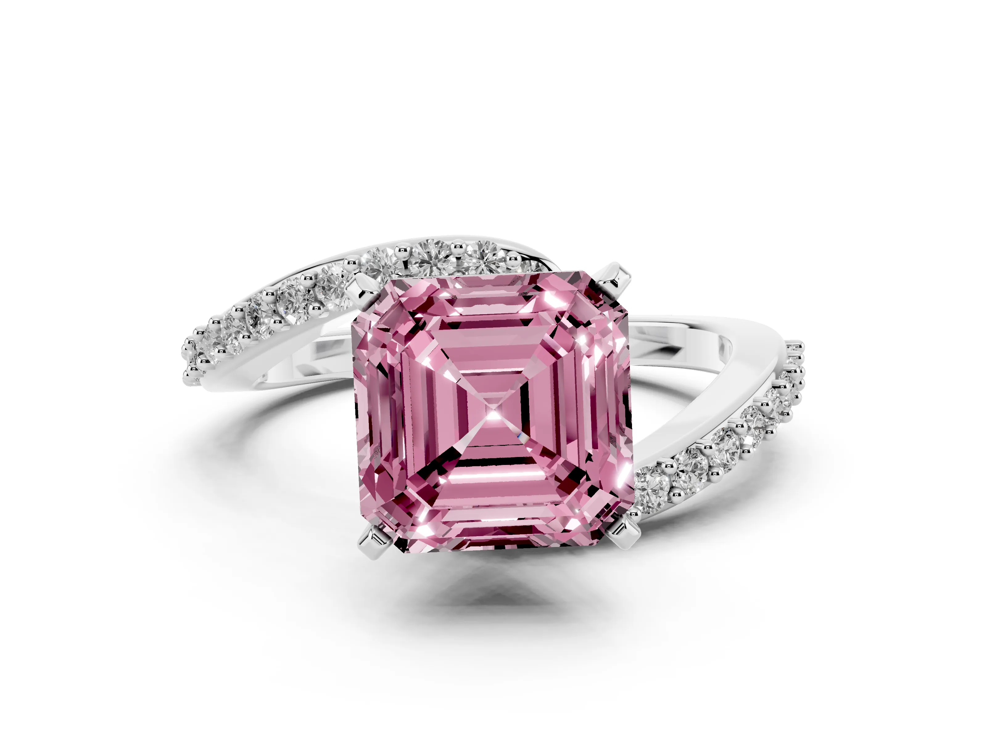 Fancy Pink Asscher Cut Diamond Solitaire Ring Set in Platinum with Pavé Twist Band and Prong Setting