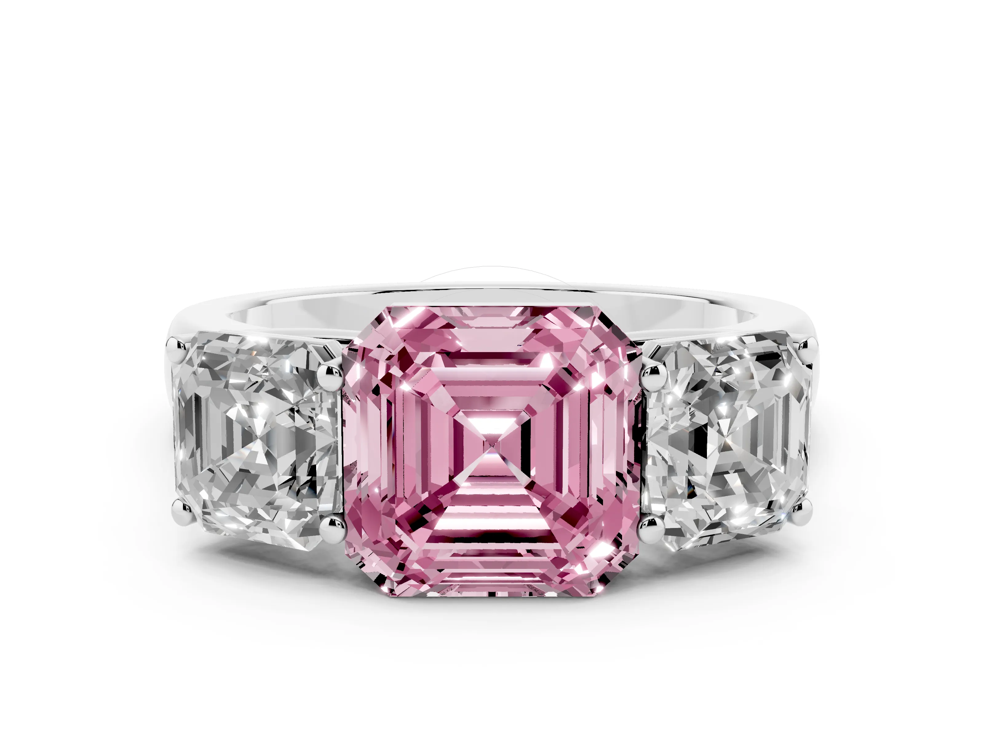 Fancy Pink Asscher Cut Diamond Three-Stone Ring Set in White gold with Plain Polished Band