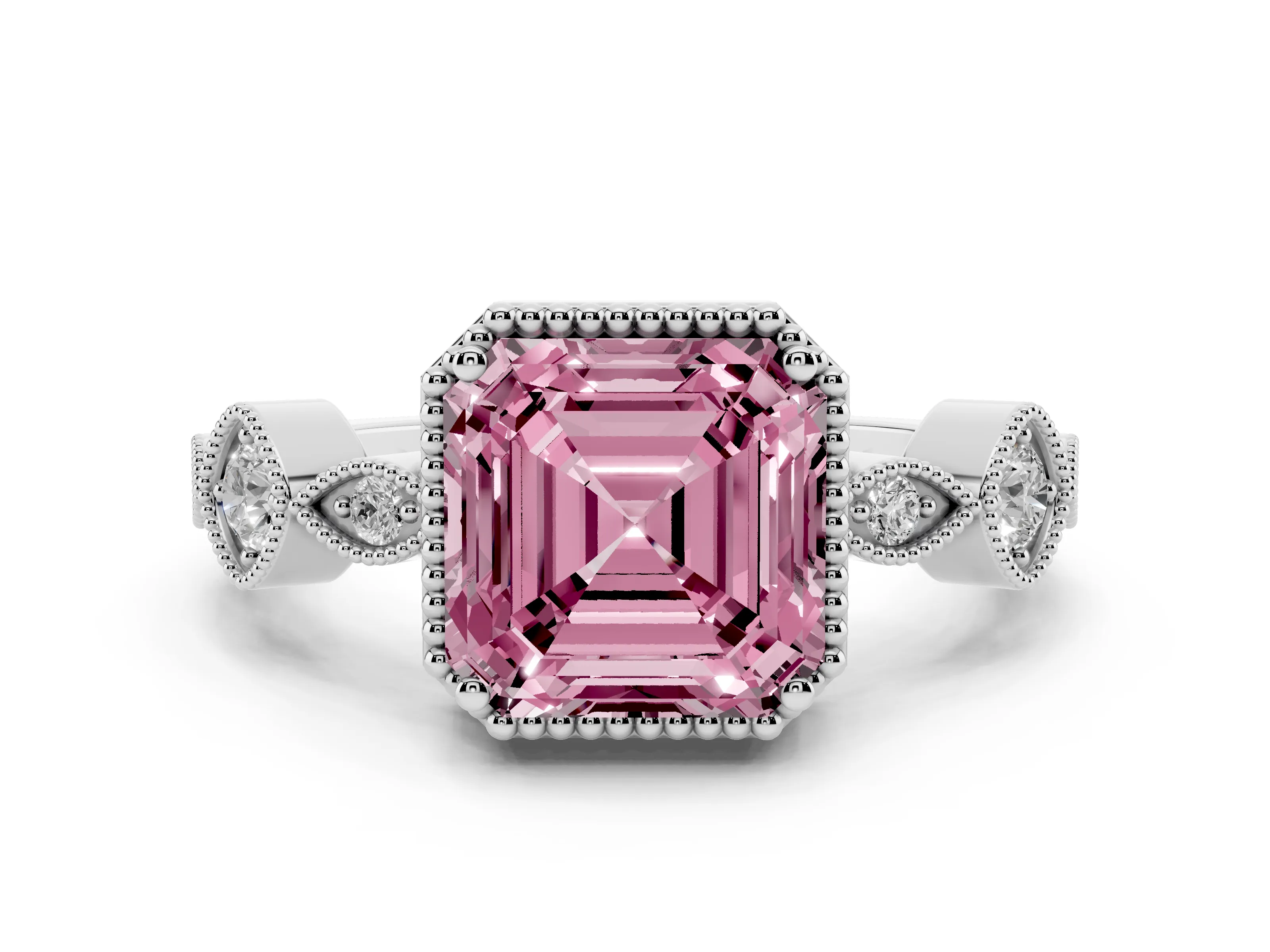 Fancy Pink Asscher Cut Diamond Vintage-Inspired Milgrain Ring Set in Platinum with Marquise Stations of Round Accents
