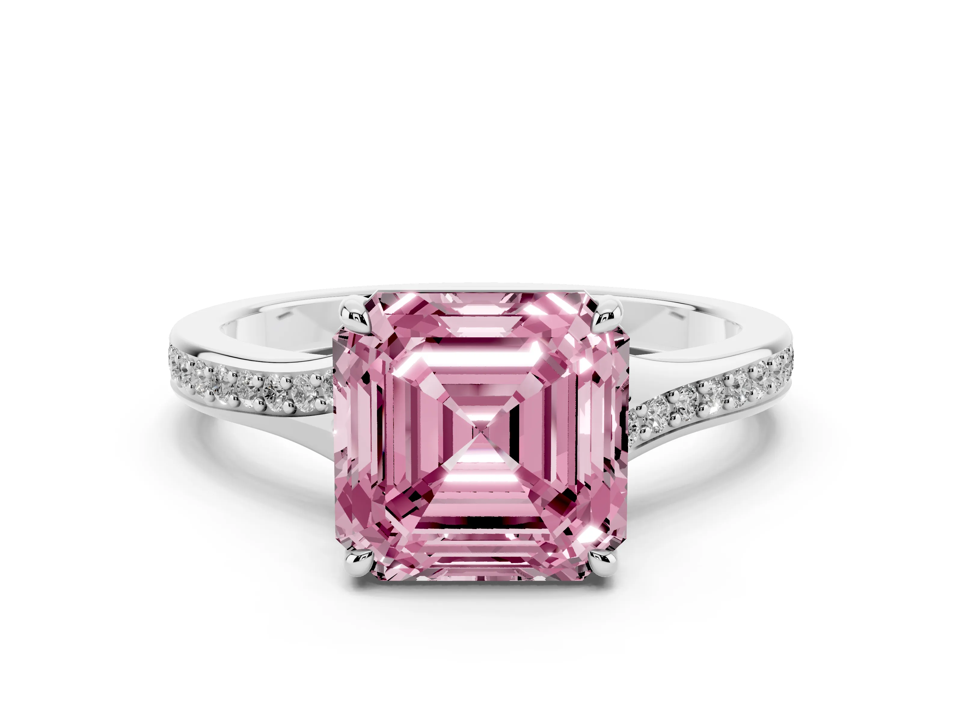 Fancy Pink Asscher Cut Diamond Solitaire Ring Set in Platinum with Pavé Accent Band and Classic Prong Setting