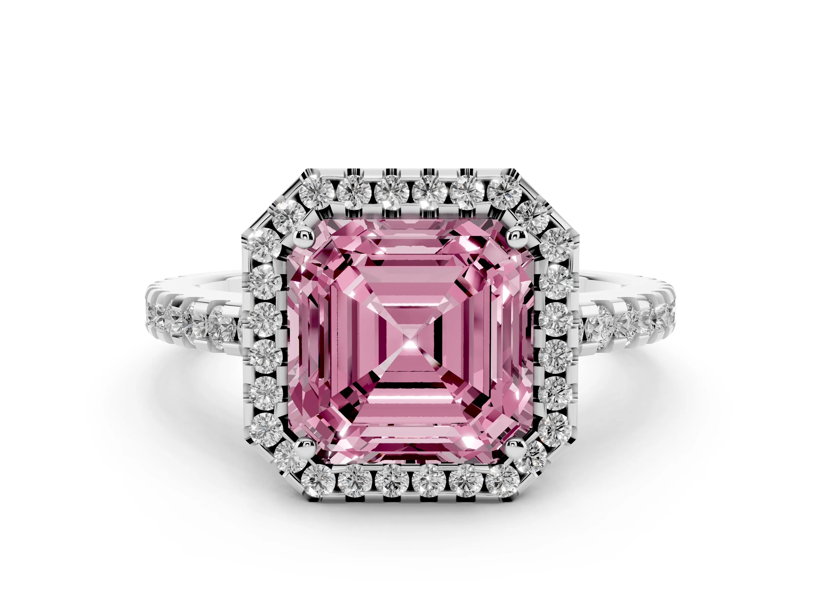 Fancy Pink Asscher Cut Diamond Halo Ring Set in Platinum with Pavé Shoulders and Halo-Framed Center