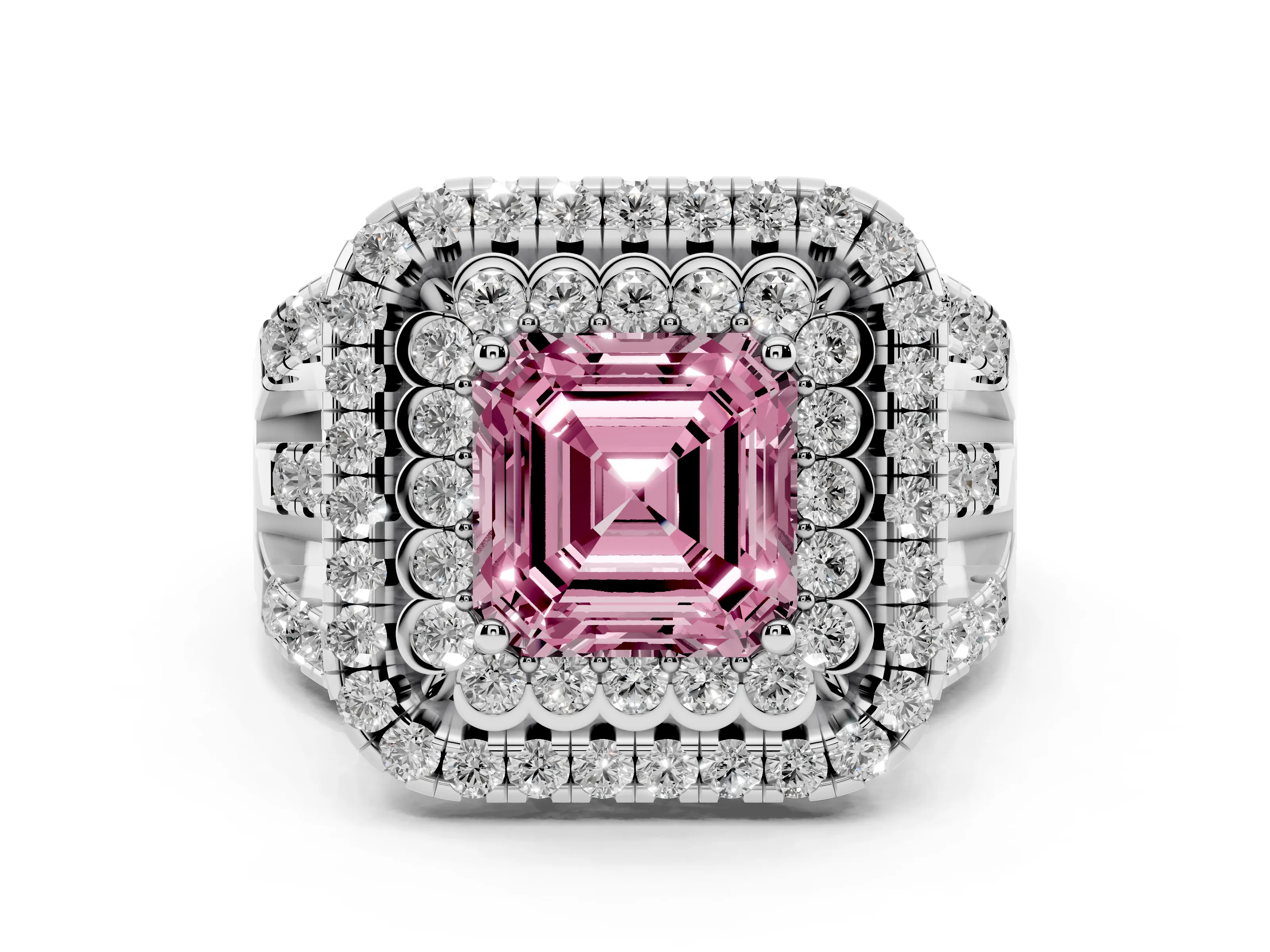 Fancy Pink Asscher Cut Diamond Double Halo Ring Set in White gold with Round Pavé Split Shank