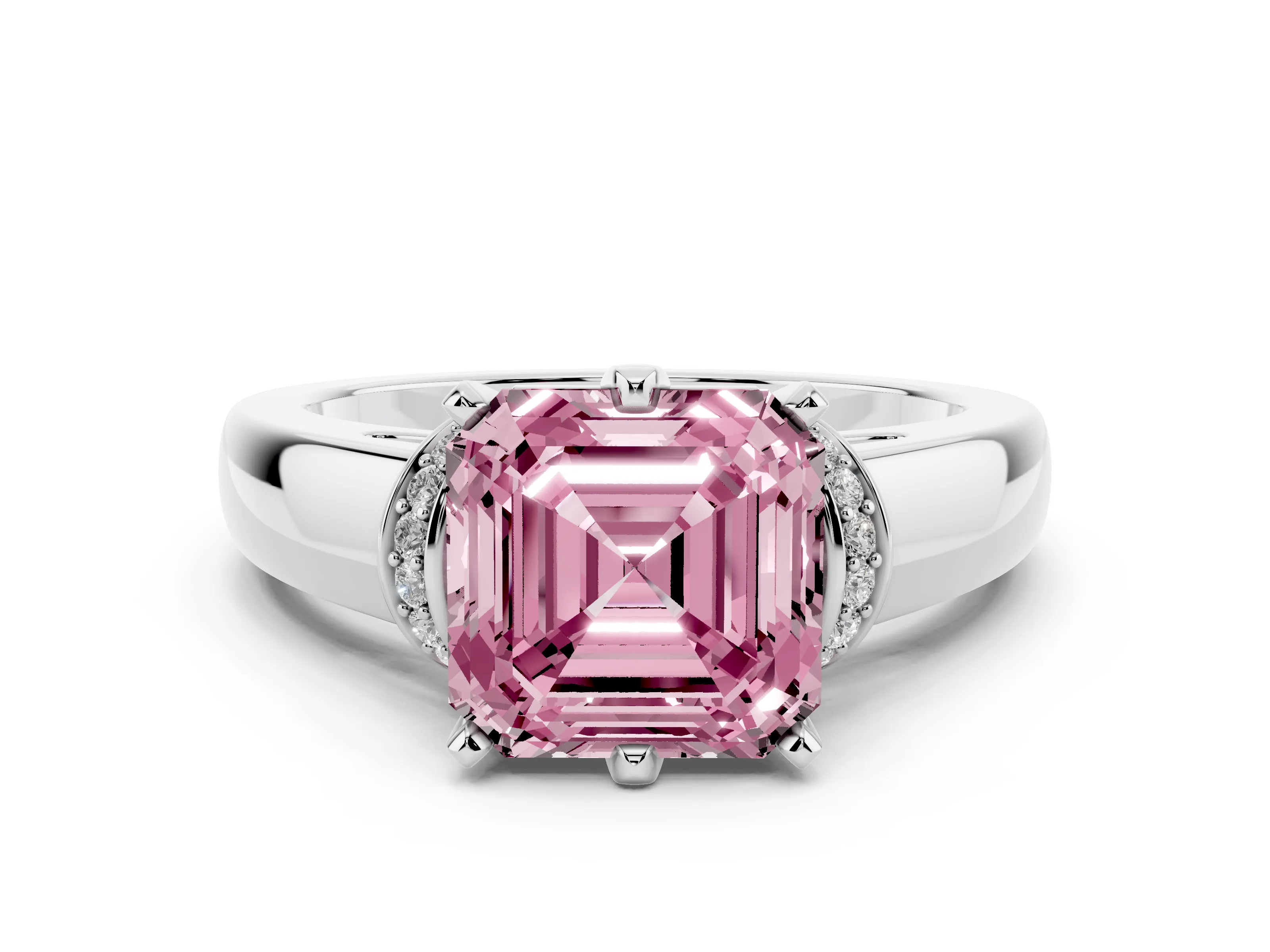Fancy Pink Asscher Cut Diamond Pavé Band Solitaire Ring Set in Silver with Prong Setting