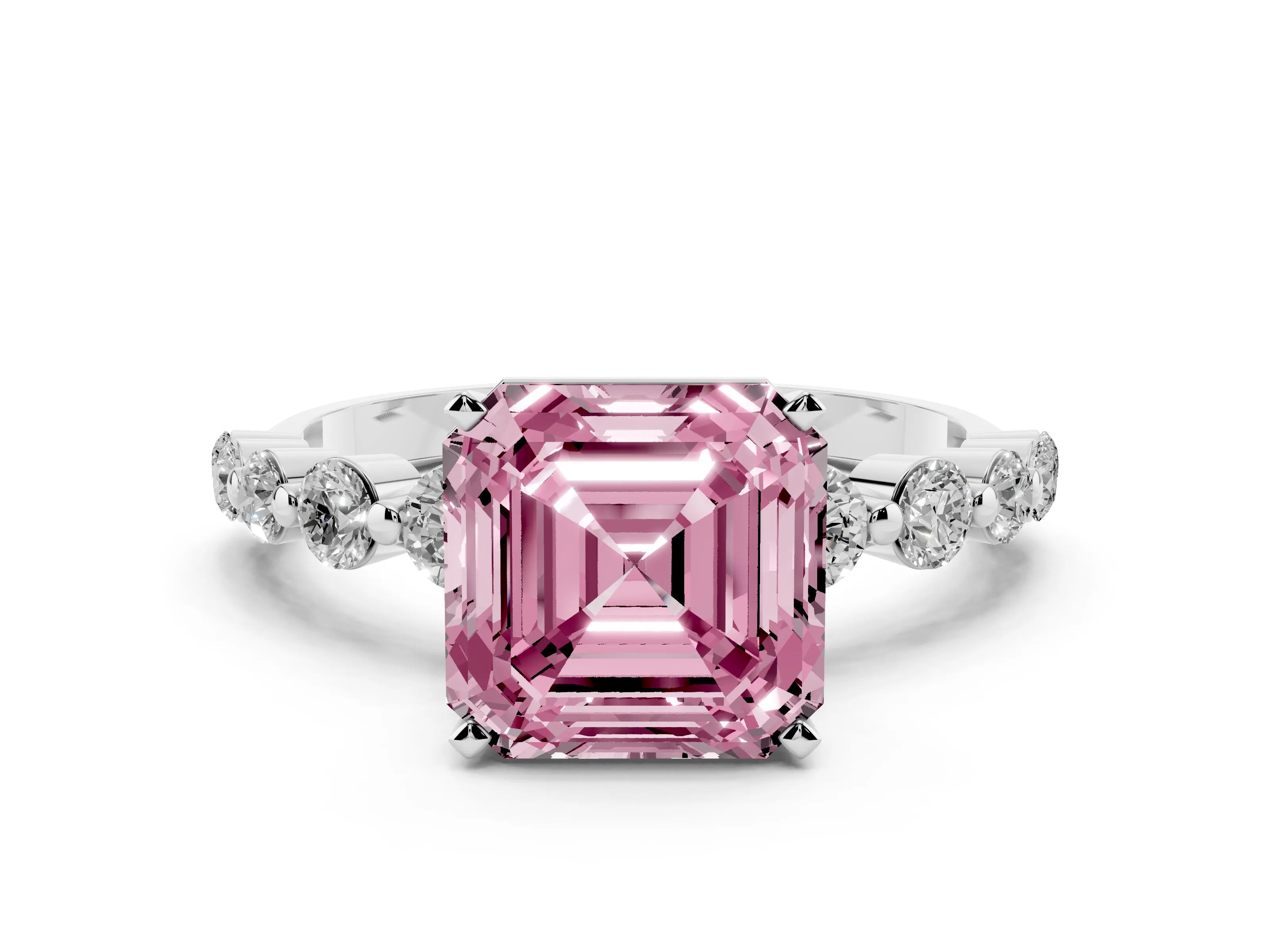 Fancy Pink Asscher Cut Diamond Solitaire Ring Set in Platinum with Pavé Band and Prong Setting