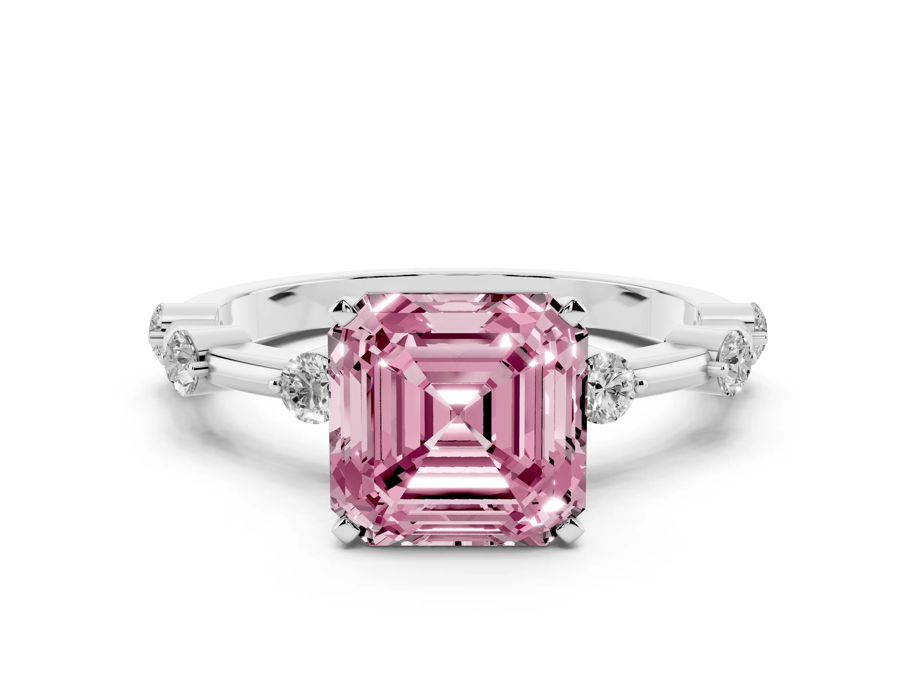 Fancy Pink Asscher Cut Diamond Solitaire Ring Set in Platinum with Bezel Set Side Stones and Prong Setting