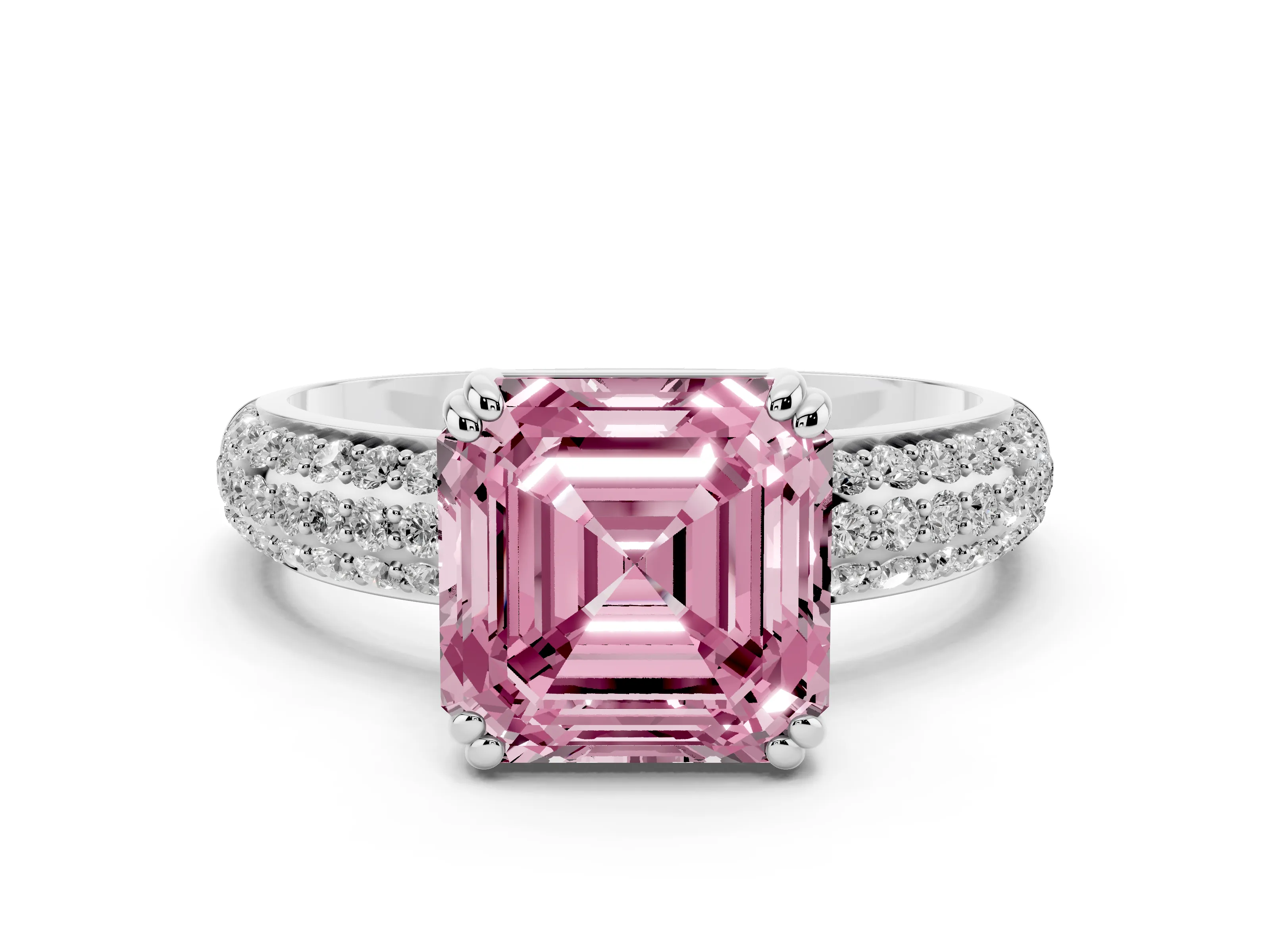 Fancy Pink Asscher Cut Diamond Solitaire Ring Set in Platinum with Multi-Row Round Pavé Band and Prong Setting