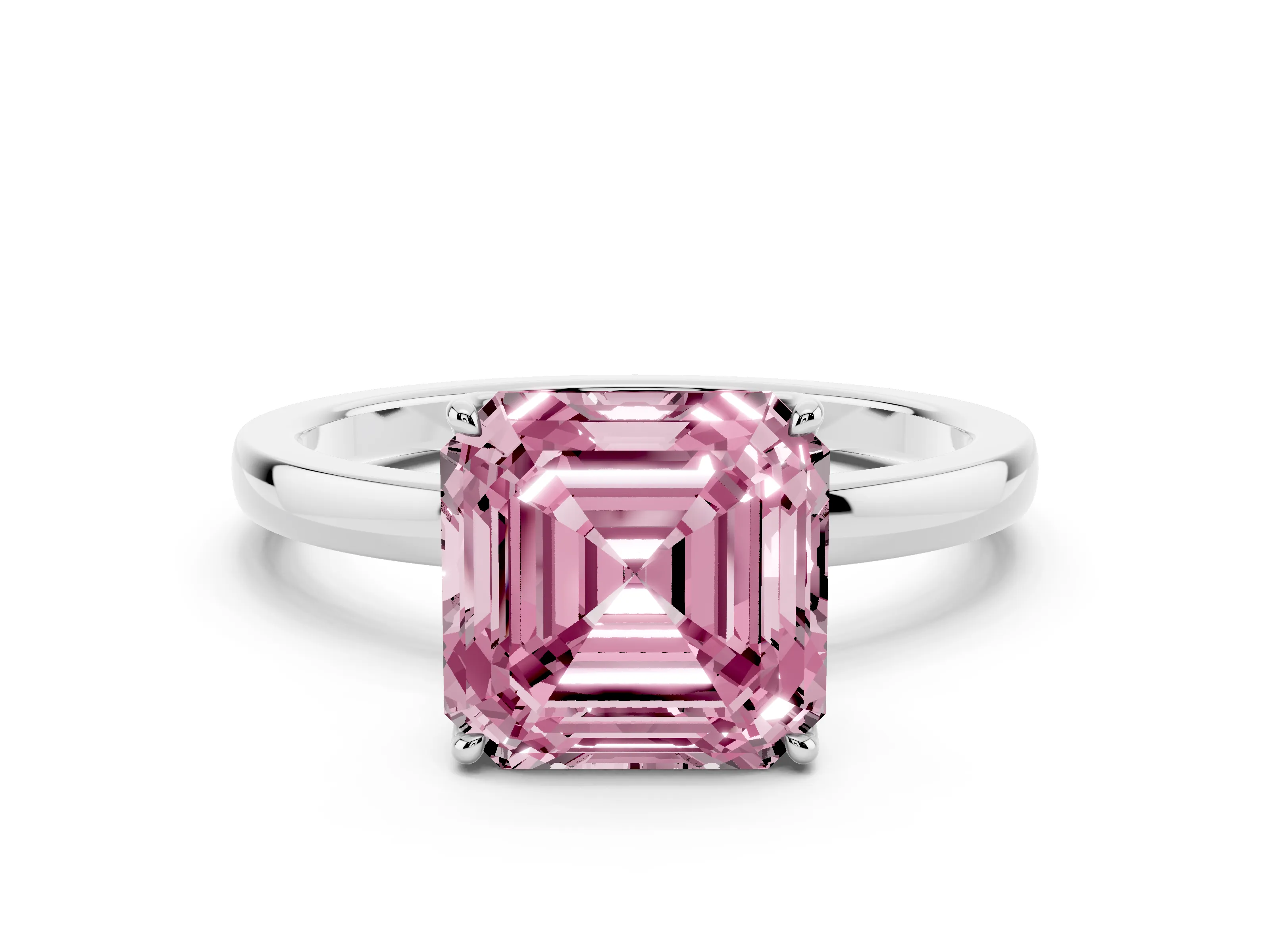 Fancy Pink Asscher Cut Diamond Solitaire Ring Set in Platinum with Prong Setting and Thin Polished Band