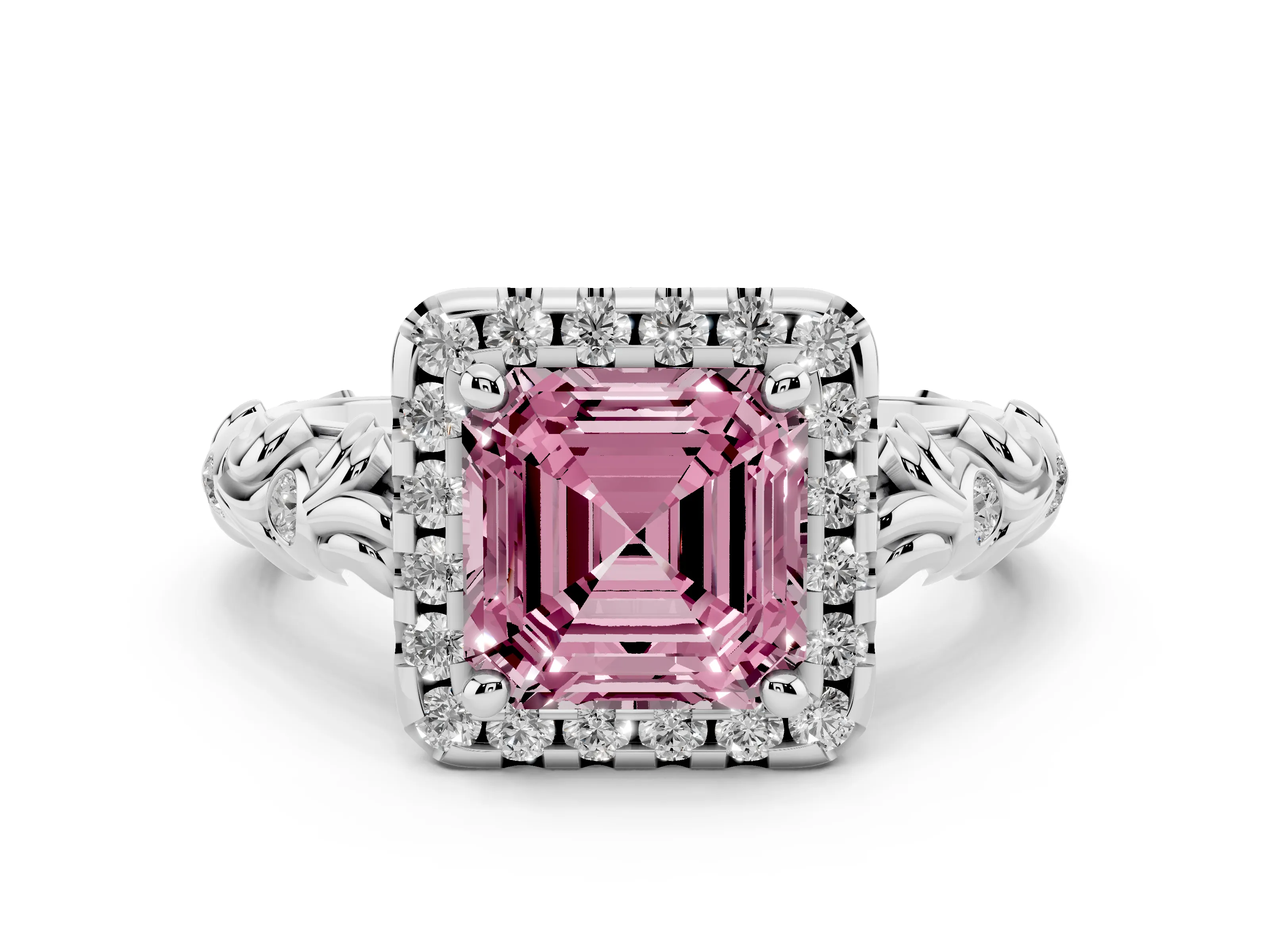 Fancy Pink Asscher Cut Diamond Halo Ring Set in Platinum with Filigree Leaf Band and Prong Setting