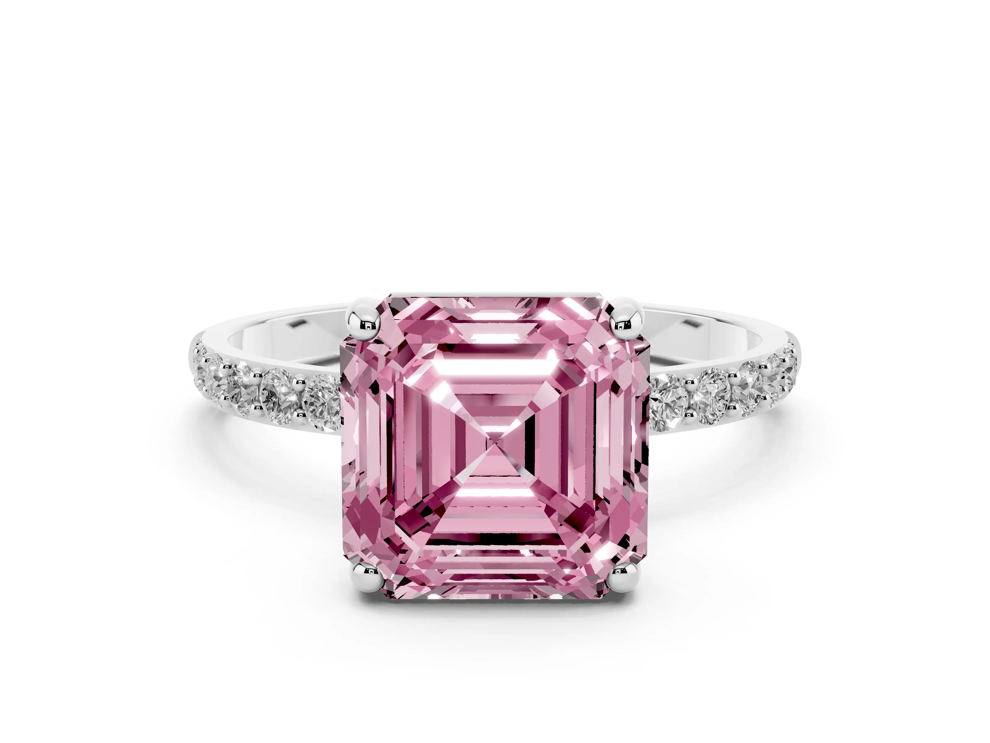 Fancy Pink Asscher Cut Diamond Solitaire Ring Set in Platinum with Round Pavé Band and Prong Setting